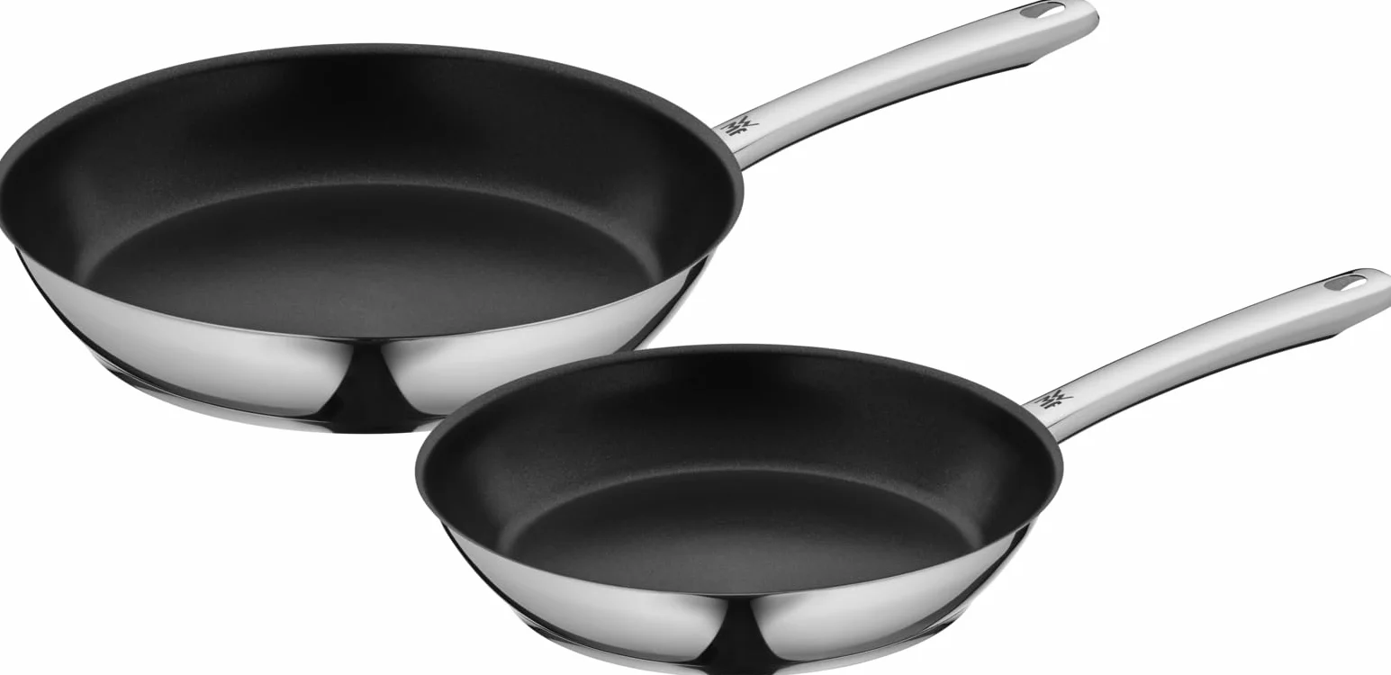 WMF Nordic - Set di padelle professionali a induzione, 2 pezzi, padella a induzione 24, 28 cm, padella antiaderente, adatta al forno, senza goccia, in acciaio inox Cromargan, adatta a tutti i piani