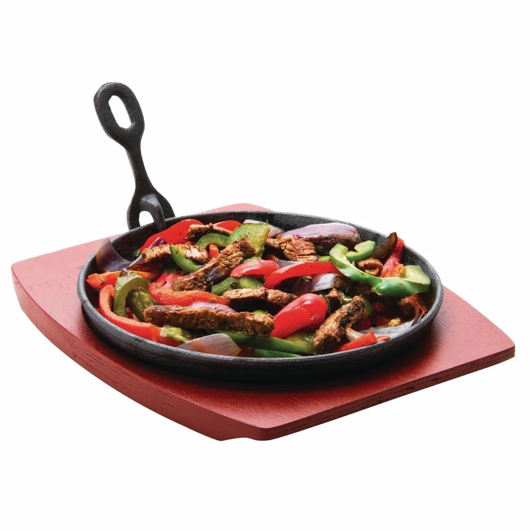 Olympia ghisa rotonda Sizzler con supporto in legno 220 mm piatto da portata