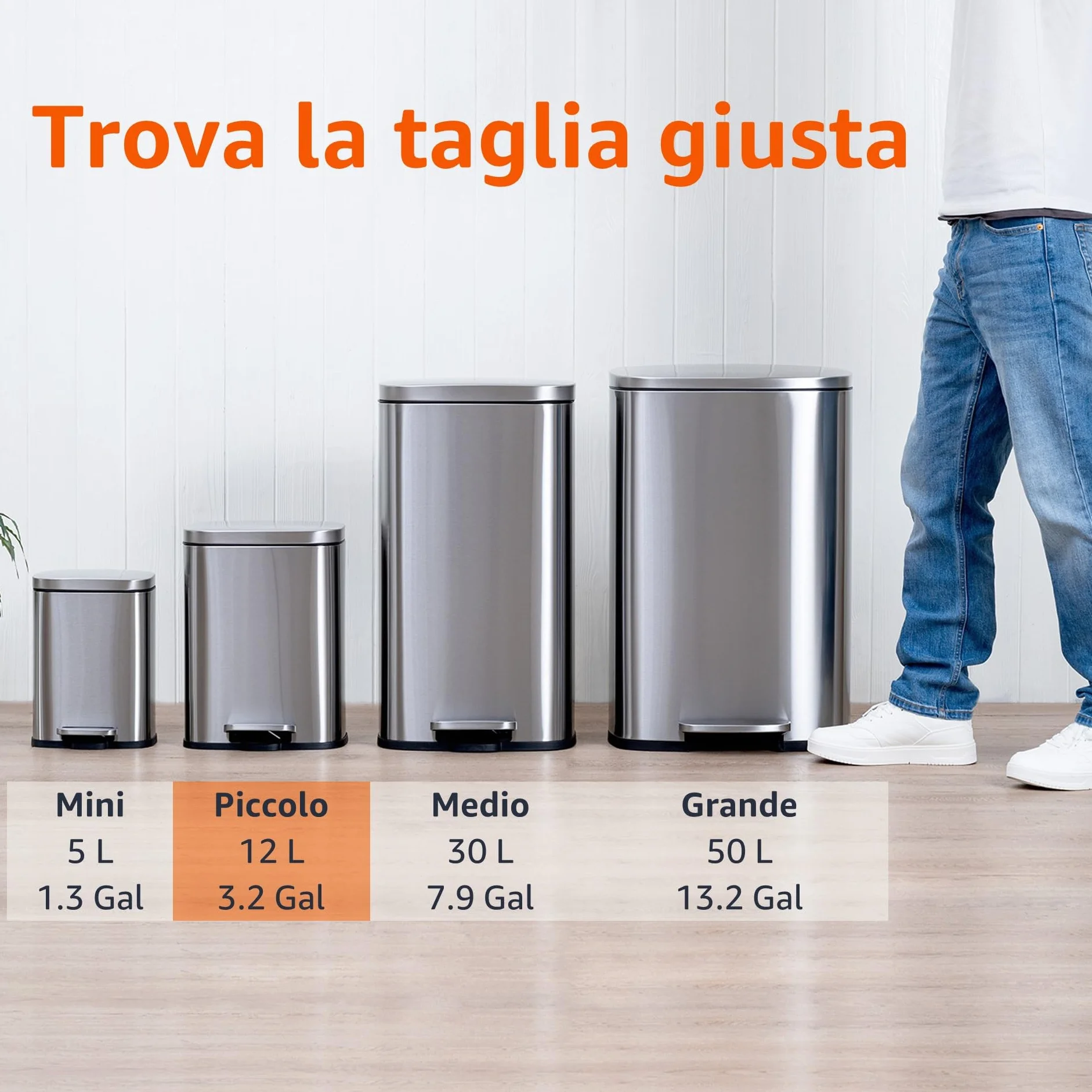 Amazon Basics Pattumiera rettangolare, piccola, antimacchia, chiusura ammortizzata, acciaio inox spazzolato, 12 l, finitura nichel satinato, 28,7 x 25,1 x 38,3 cm (lunghezza x larghezza x altezza)