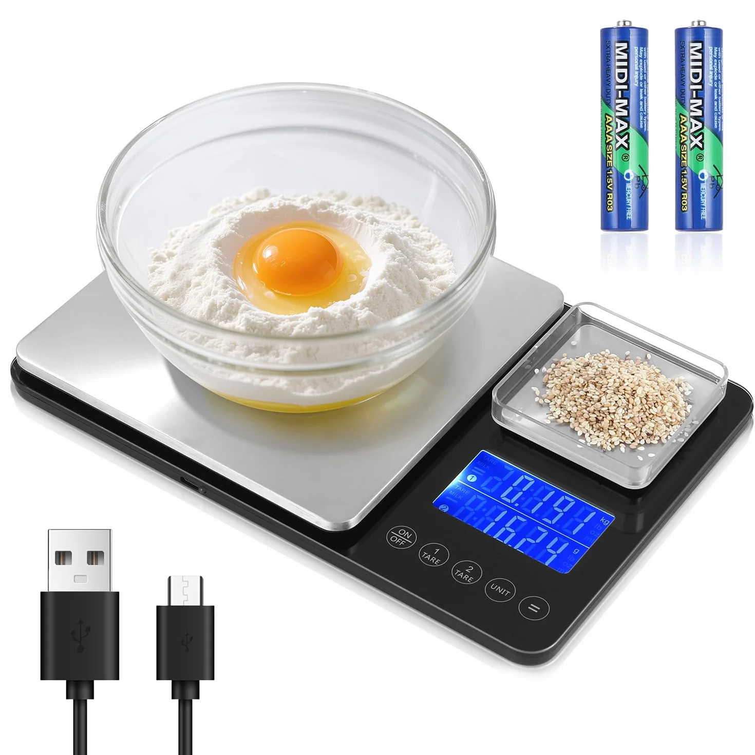 Bilancia da Cucina Digitale con Doppia Piattaforma (10kg/1g & 500g/0.01g), USB Ricaricabile & a Batterie, Acciaio Inox, Display LCD, 7 Unità, ideale per Cucina & Pasticceria