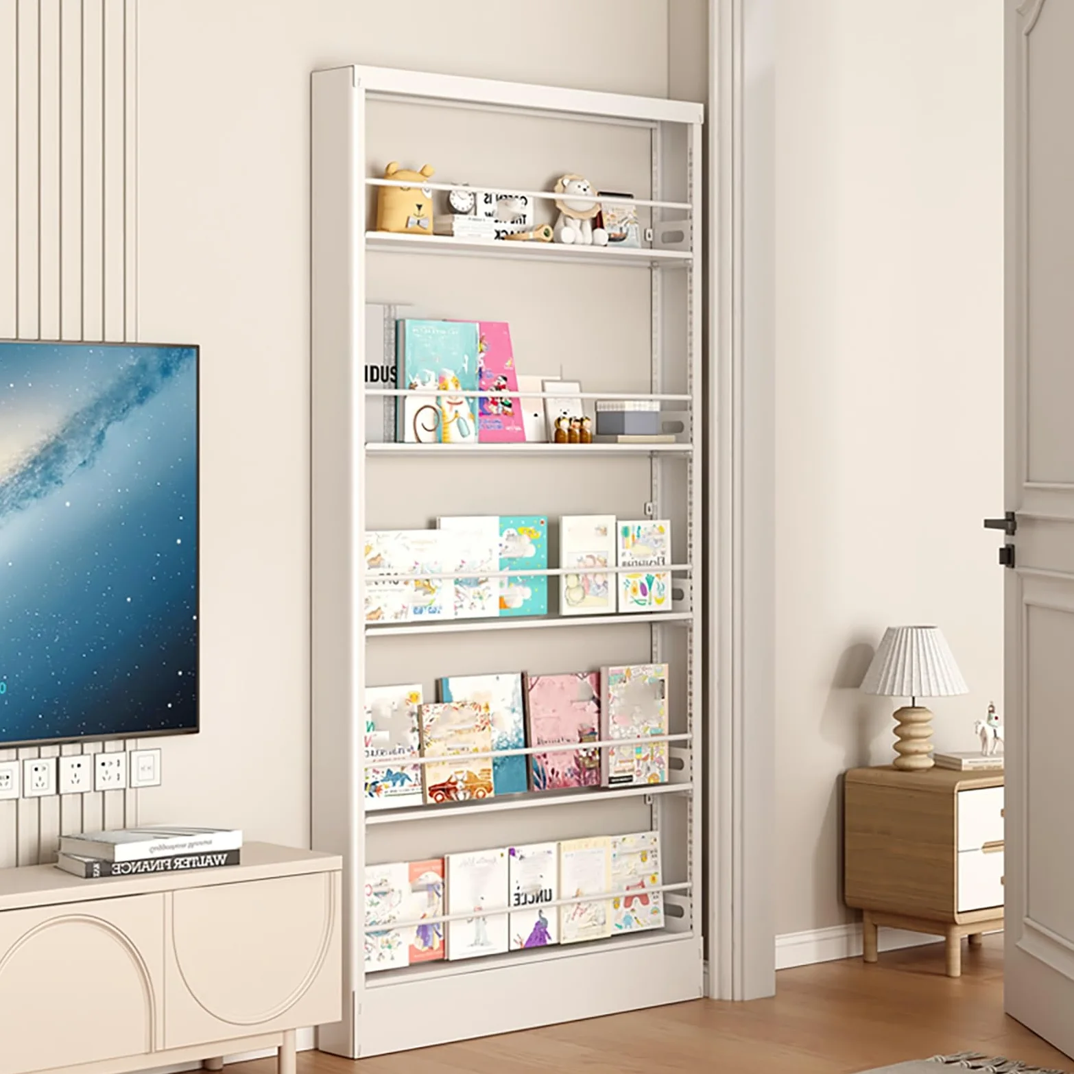 Libreria a 5 ripiani in acciaio, salvaspazio, sottile, per camera da letto, soggiorno, casa, ufficio, moderna Stora Solut per libri Decor e nizers