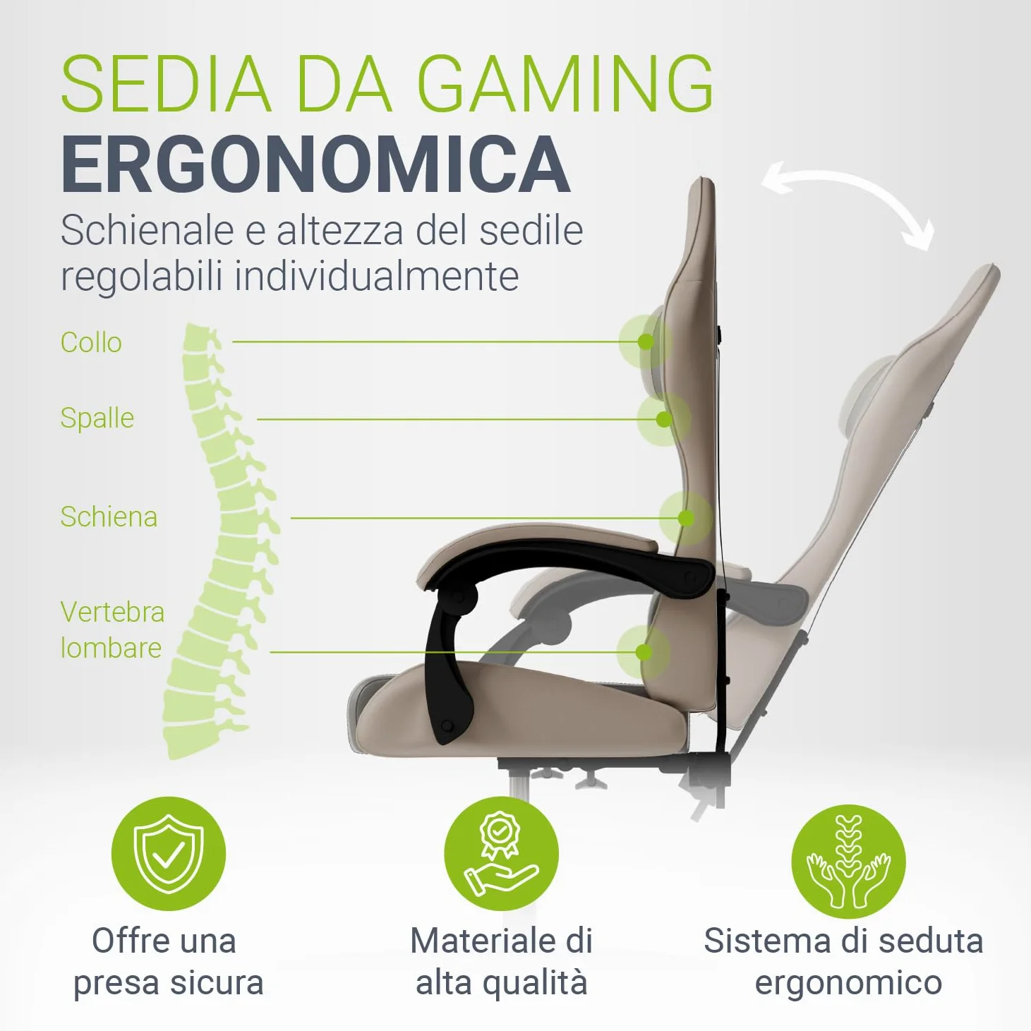Juskys Sedia da gaming HyperSeat – Regolabile in altezza, schienale reclinabile e braccioli imbottiti, similpelle, ergonomica e resistente – Beige/grigio chiaro