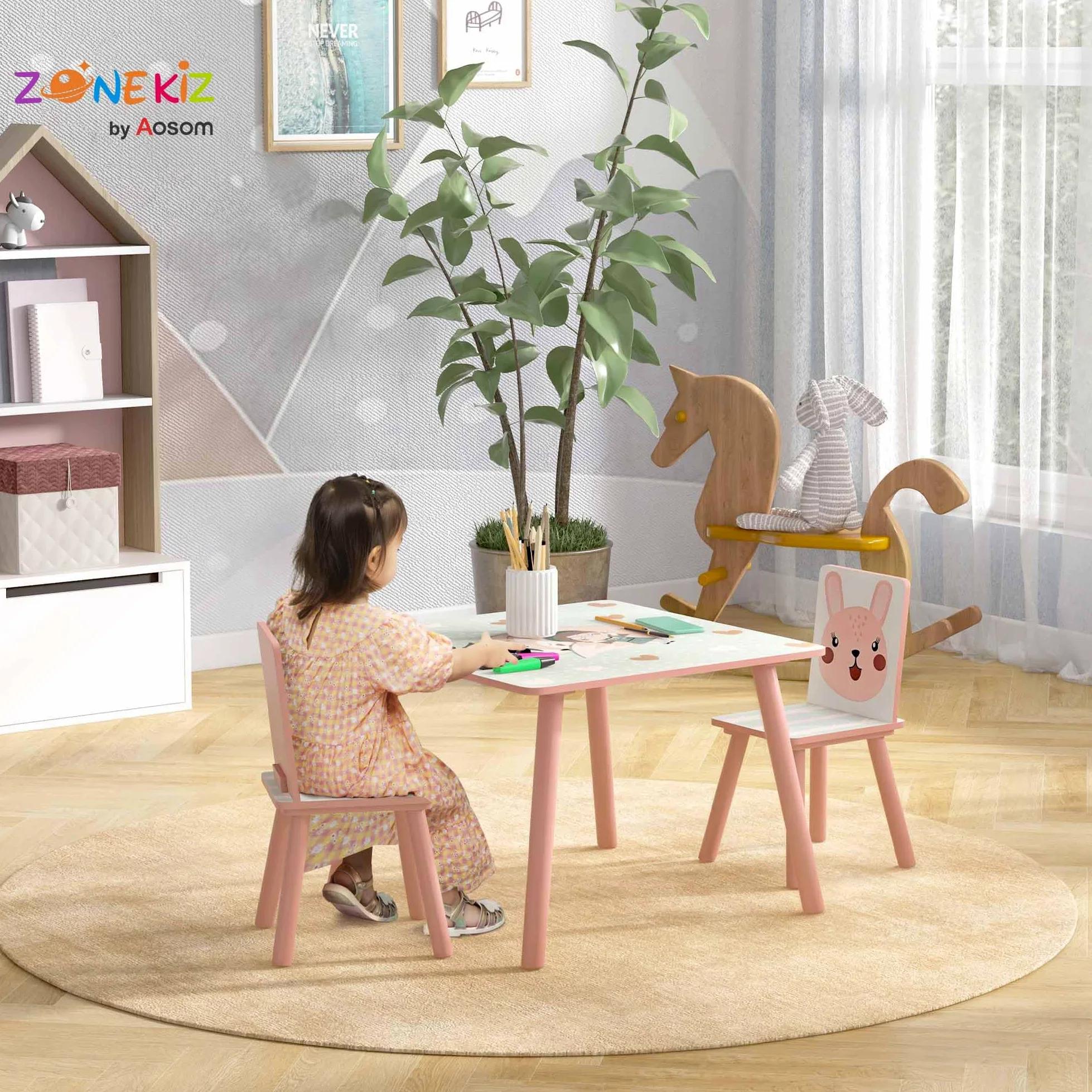 ZONEKIZ Set 3 Pezzi con Tavolo e 2 Sedie per Bambini da 3-8 Anni in MDF e Legno di Pino, Tavolino per Bambini e Seggiole con Disegni di Animali, Rosa
