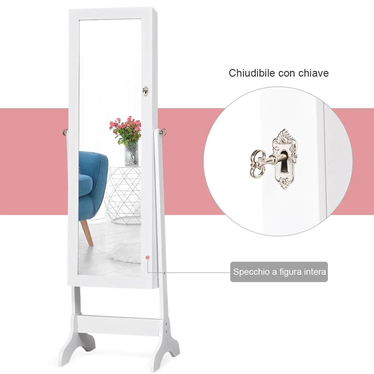 COSTWAY Mobile Portagioie da Terra con Specchio e 2 Cassetti, 156 x 37 x 46 cm