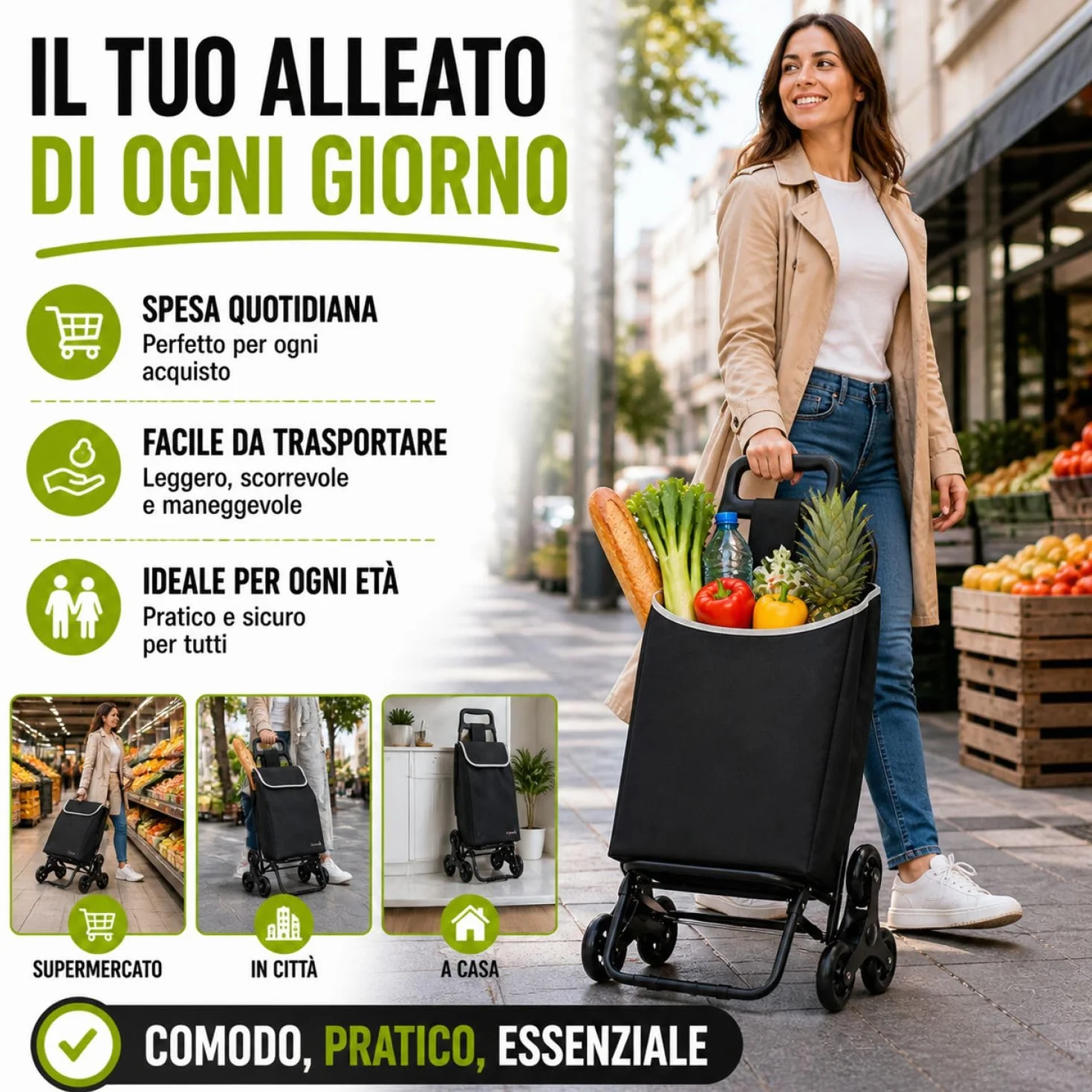Leonardo Trolley per la Spesa con Tre Ruote Girevoli Saliscale, Portaspesa con Borsa Rimovibile