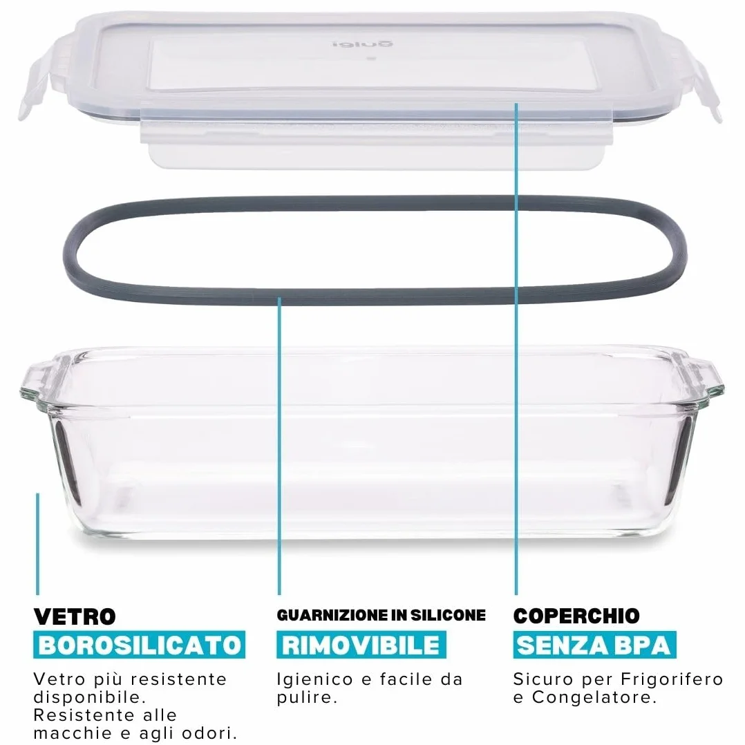 Igluu Meal Prep Teglie in Vetro per Lasagne con Coperchi (Set da 3) – Ermetiche e Senza BPA – Forno, Microonde, Freezer e Lavastoviglie – 2,2 L – Vetro Borosilicato