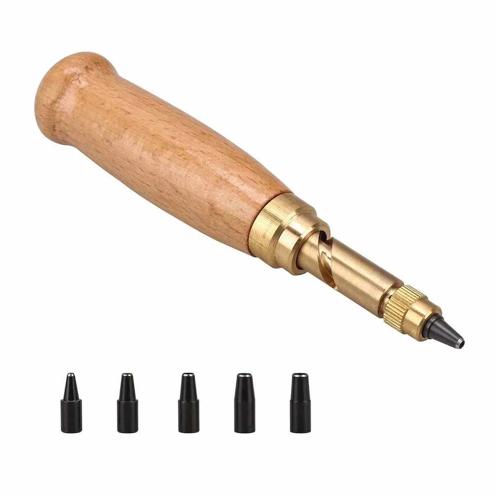 Punzone a vite regolabile Punzone a vite con manico in legno, 6 punte Dimensioni: 1,5 mm, 2 mm, 2,5 mm, 3 mm, 3,5 mm, 4 mm per cucito Strumento di rilegatura di carta in pelle