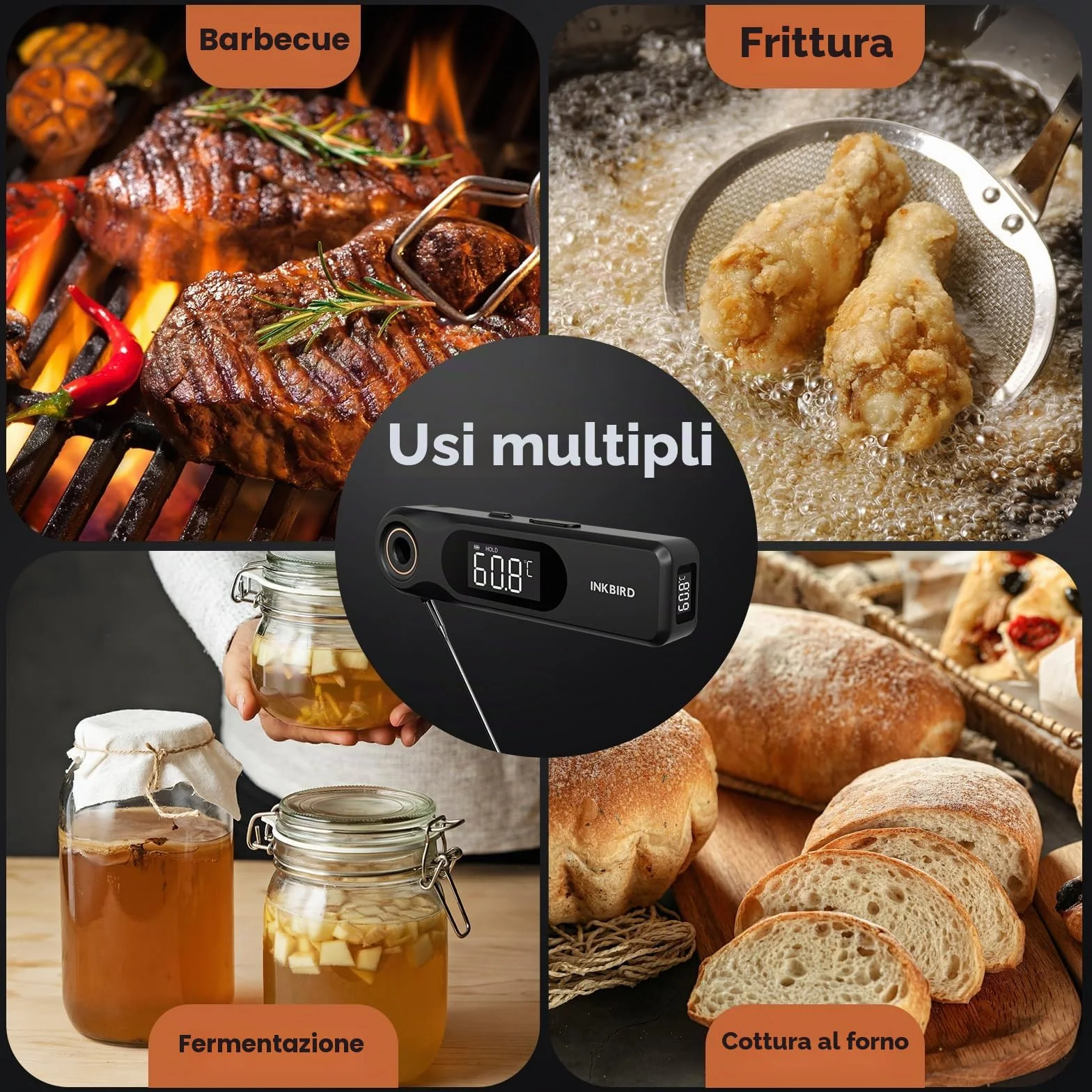 INKBIRD Termometro Alimentare a Lettura Istantanea a Doppio Display,Due Schermi,Risposta Super Rapida 0,5 Sec,Impermeabile IP65 Corpo Intero,Ideale per Cucina, Grigliate,Forno,Preparazione Bevande