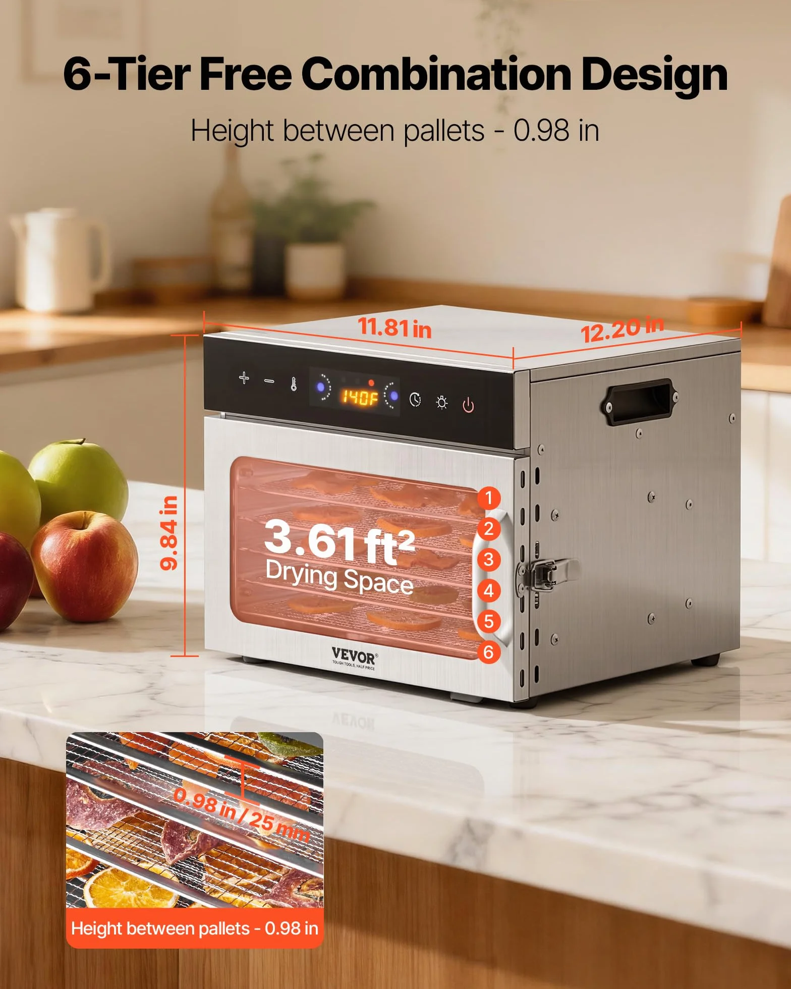VEVOR Disidratatore Alimentare 6 Vassoi in Acciaio Inox, Essiccatore Elettrico per Alimenti da 400 W Temperatura Regolabile Timer, Liofilizzatore per Carne Secca, Frutta, Verdura, Erbe