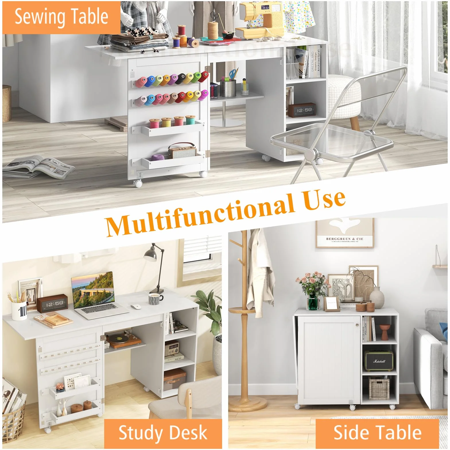 LIFEZEAL Mobile per Macchina da Cucire, Tavolo per Macchina da Cucire, con 4 Ripiani, 6 Ruote, 18 Ganci per Filo, 2 Mensole, Armadietto per Cucito, Salvaspazio, Moderno, Pieghevole, 146x50x78cm, Legno