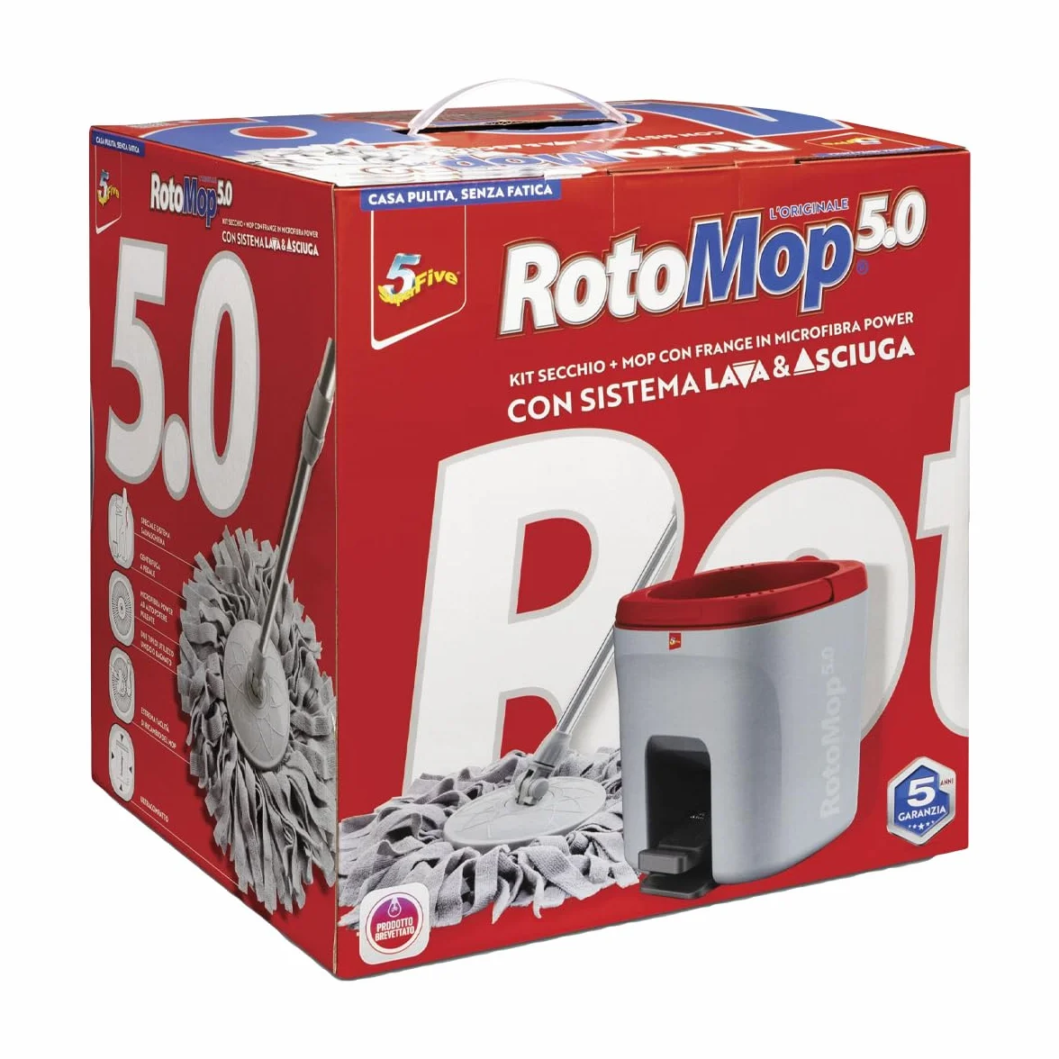 ROTOMOP 5.0 Kit Secchio + Mop con Frange in Microfibra Power con Sistema Lava & Asciuga