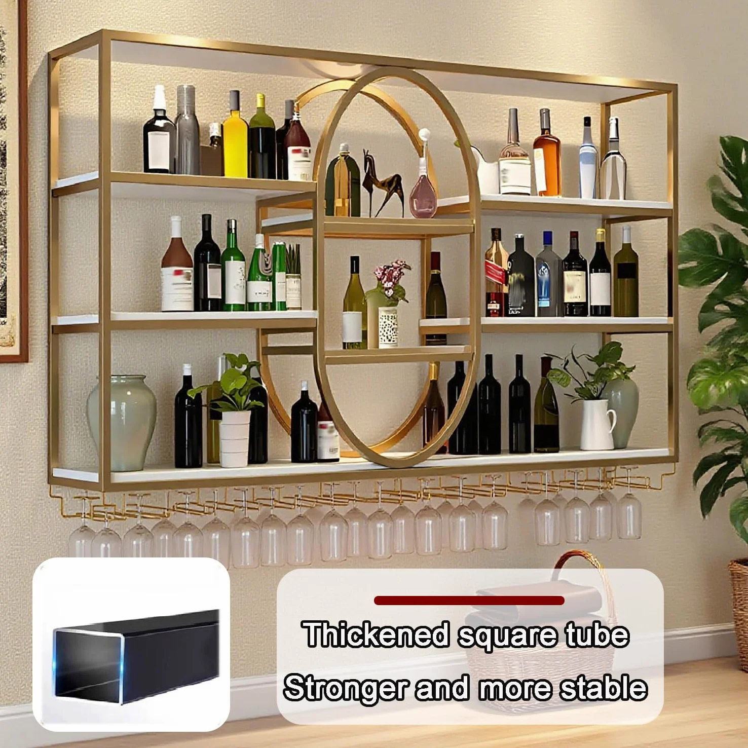 140CM Portabottiglie da parete grande, portabottiglie sospeso in metallo a 4 ripiani con ripiani per bicchieri, mensole sospese moderne per la decorazione di bar e sala da pranzo (Oro)