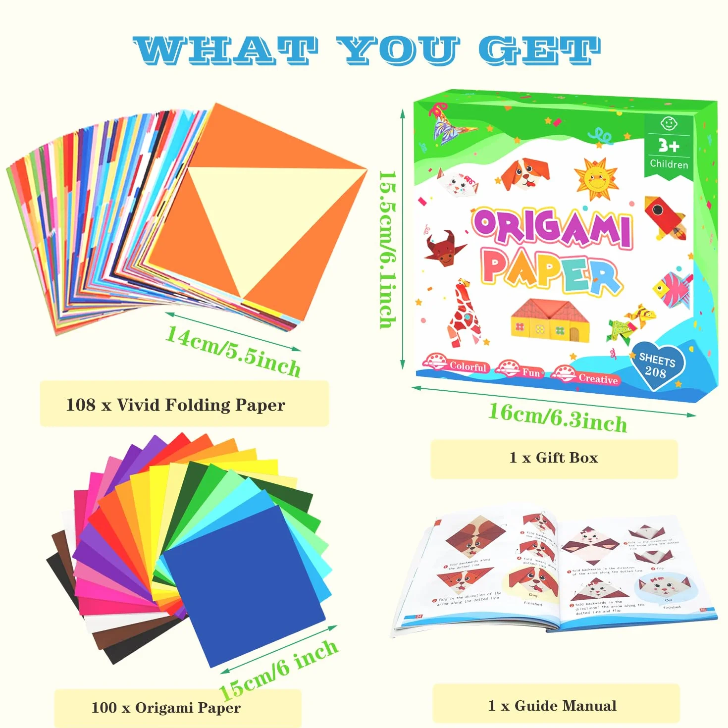 Kit origami 208 fogli 54 motivi 15x15 cm istruzioni libro bambini regalo