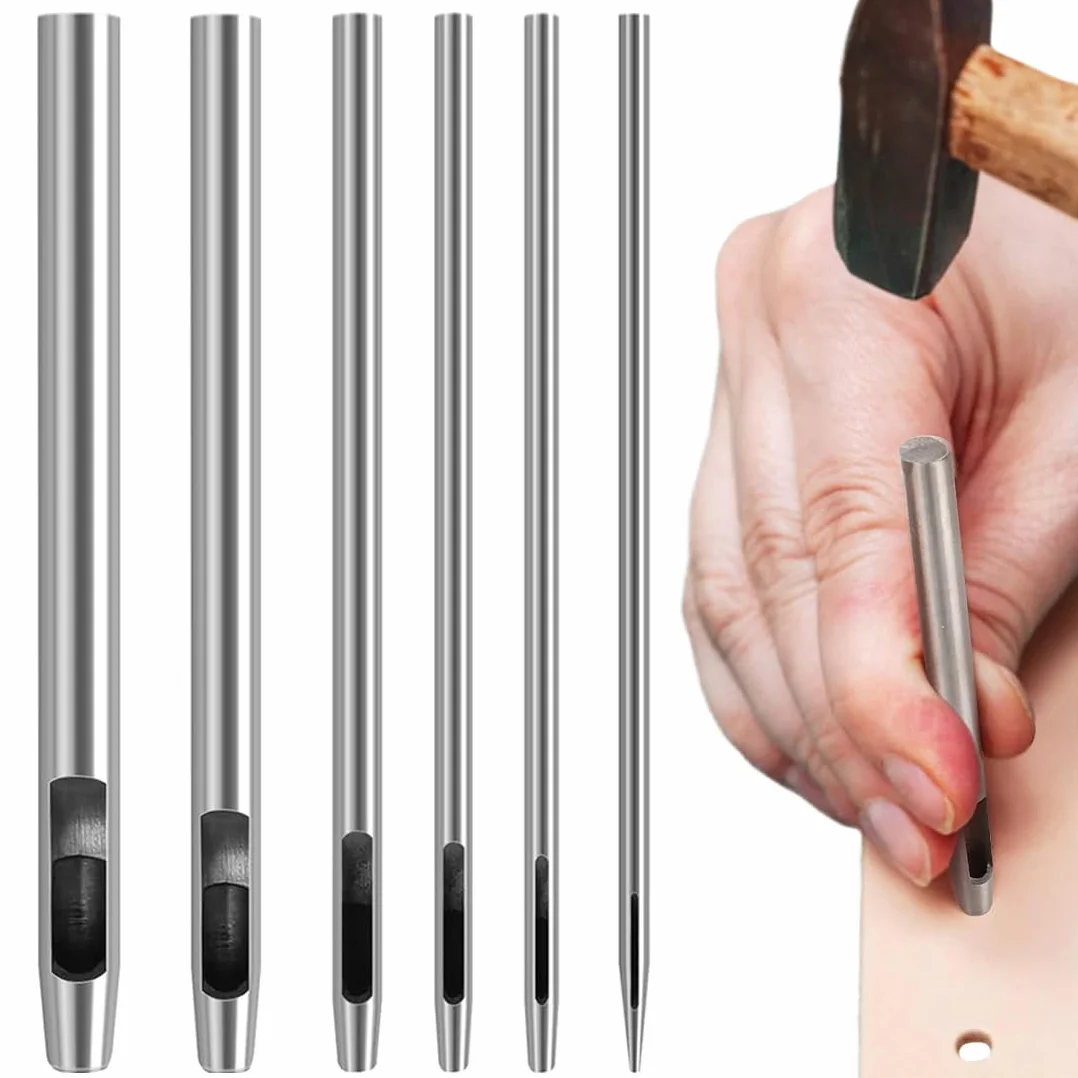 6 Pezzi di Perforatori in Cuoio, Set di Punzoni da 1 mm - 6 mm di Perforatrice in Cuoio con Foro Professionale, Punzone in Pelle per Cintura Cinturino per Orologio Fare Fori Cintura