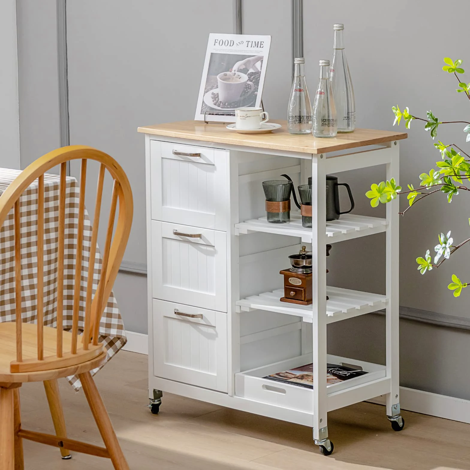 RELAX4LIFE Carrello da Cucina con Ruote Girevoli, Credenza Portaoggetti in Legno Robusto con 3 Cassetti e 3 Ripiani, Carrello di Servizio Pratico e Salvaspazio per Sala da Pranzo (Bianco)