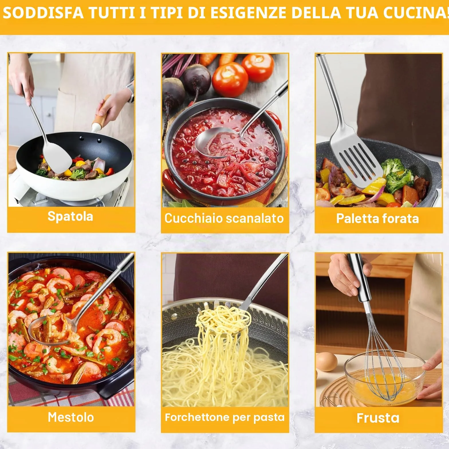 Set 7 utensili cucina acciaio inox con manico appendibile lavabile in lavastoviglie