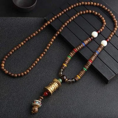 Collana Vintage Fatta a Mano Nepal Buddista Mala Perline Legno Ciondolo Etnico Corno Pesce Gioielli Lunga Donna Uomo Style6