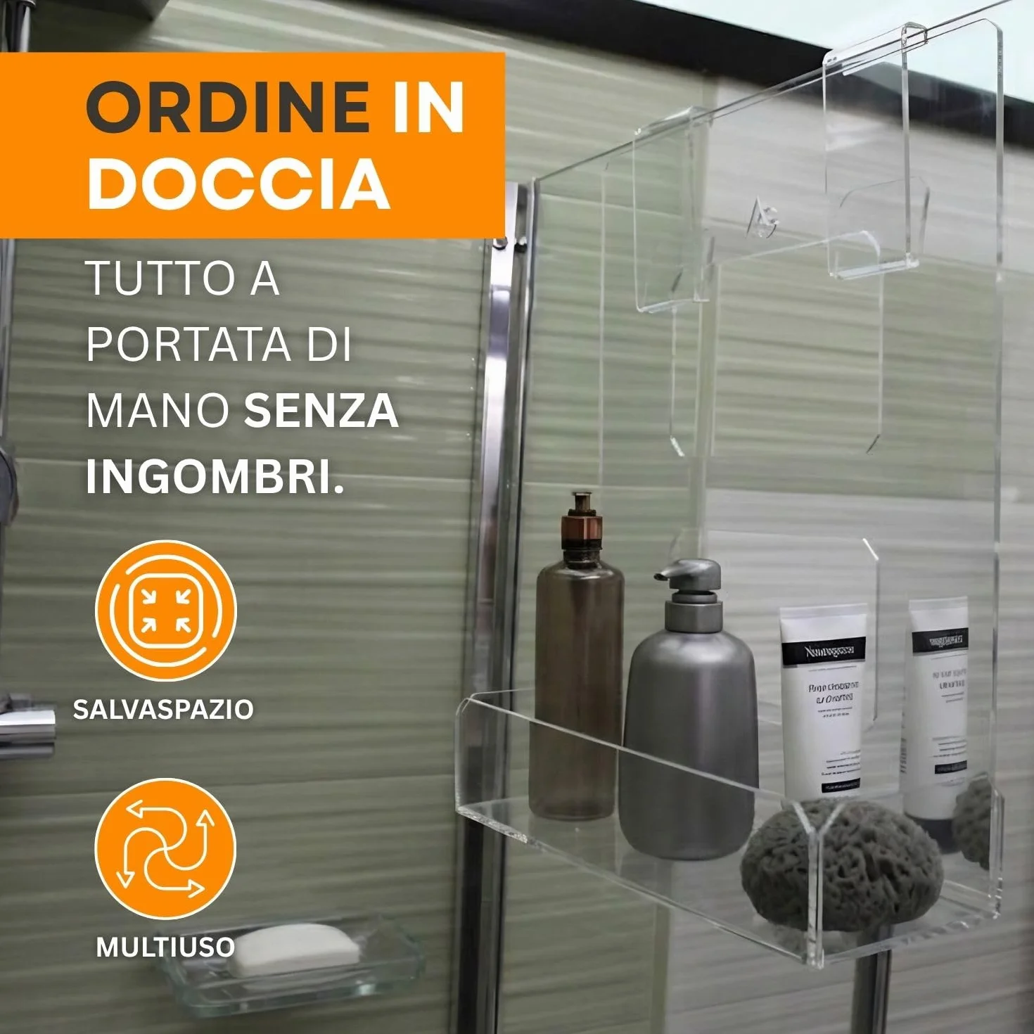 Agplex Porta Sapone Doccia Vetro Acrilico Plexig 2 Ganci Asciugamani Integrati Spessore BOX 6-15mm