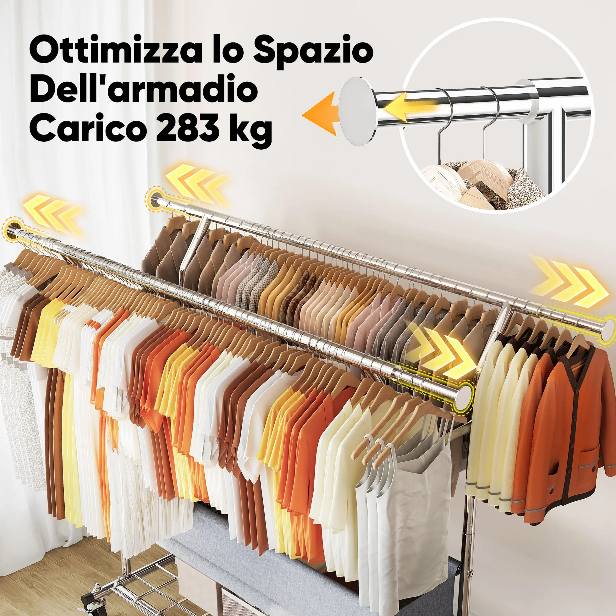 HOKEEPER Appendiabiti da Terra Resistente a Doppia Barra con Ruote, 283kg, con Cesta in Tessuto e Ripiano, Estensibile - Ideale per Camera da Letto, Boutique