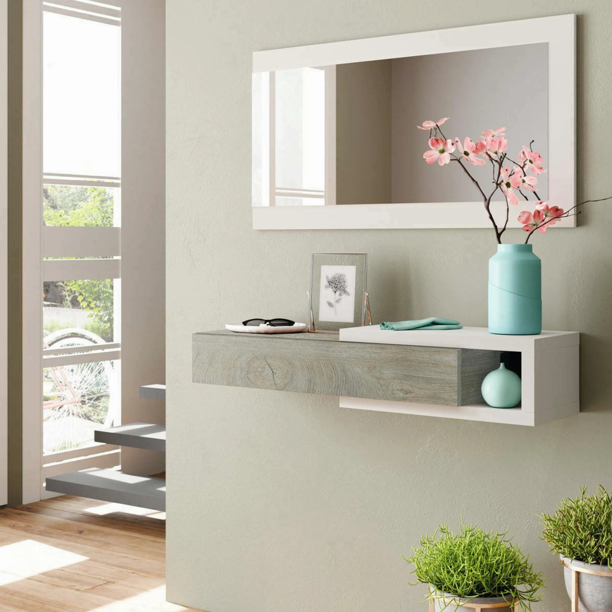 Dmora - Mobile da ingresso Mcallen, Entratina reversibile con specchio, Mobile per atrio con cassetto, Svuotatasche per appartamenti, 95x26h69 cm, Bianco e Rovere