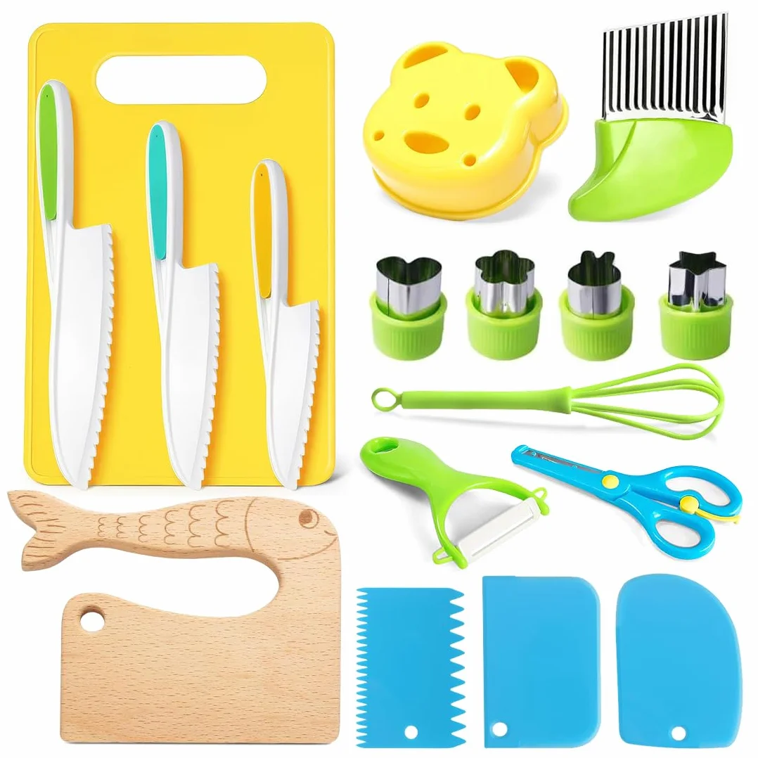 Montessori - Set di 17 utensili da cucina per bambini, coltello, tagliere e sbucciapelle per frutta, pane e verdure
