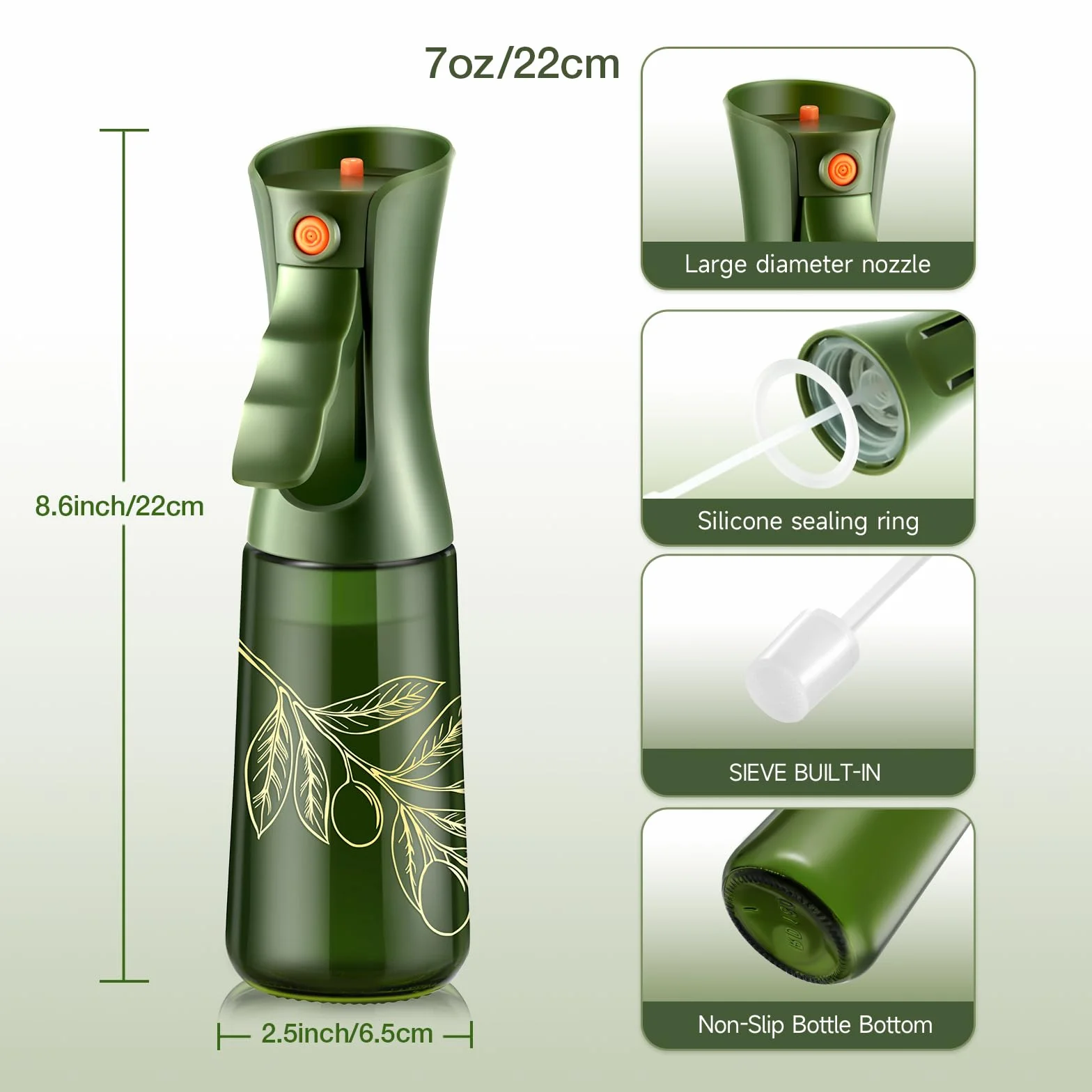 Spruzzatore di olio d'oliva in vetro per cucinare, nebulizzatore di olio spray continuo per cottura con controllo delle porzioni per cucina 200ml/7oz (bottiglia verde, stampa dorata)