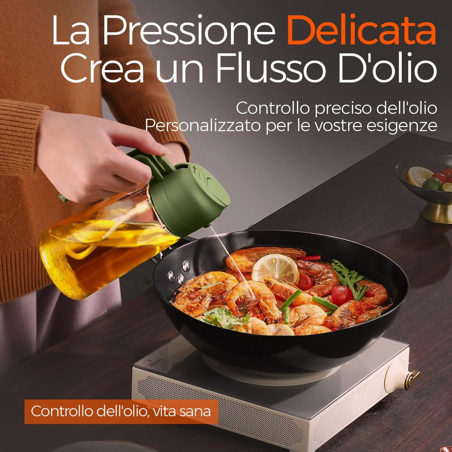 YARRAMATE, Spruzzatore per olio da 470 ml per cucinare con adesivi, dispenser di olio d'oliva 2 in 1 di qualità alimentare, per gadget da cucina, insalata, friggere, barbecue, verde oliva
