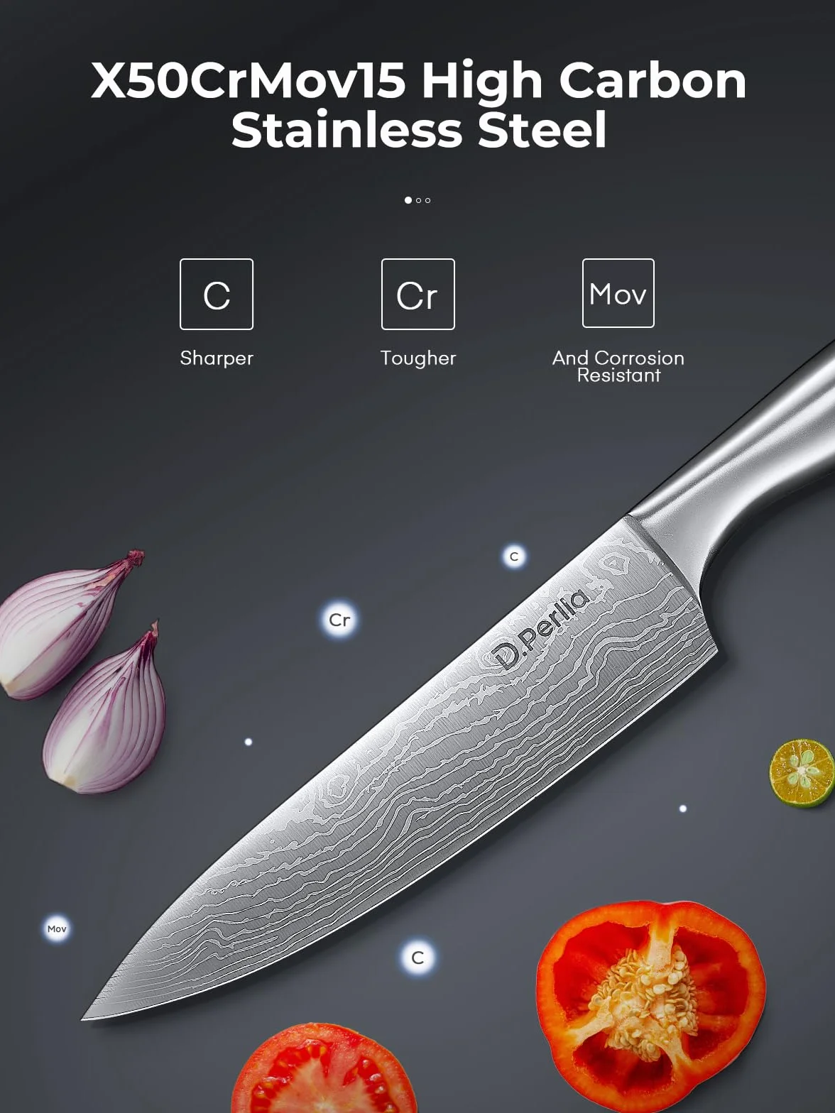 D.Perlla Set Ceppo Coltelli, set coltelli da cucina con ceppo da 15 Pezzi, Set Coltelli da Cucina in Acciaio Inox Ultra Affilati con Ceppo in Legno e Lame in Damasco Laser, Temperino Incorporato