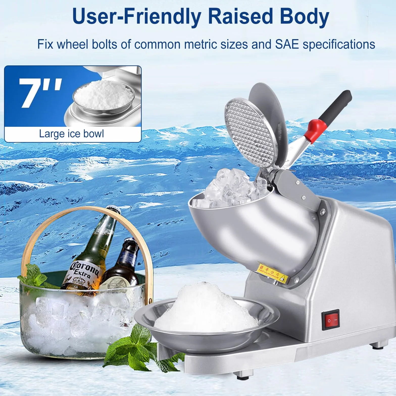 Macchina elettrica per tritare Il Ghiaccio, 85 kg/h, tritaghiaccio in Acciaio Inossidabile con 2 Lame, 380 W, 2200 Giri/min, Macchina per tritare Il Ghiaccio per la Preparazione di frullati
