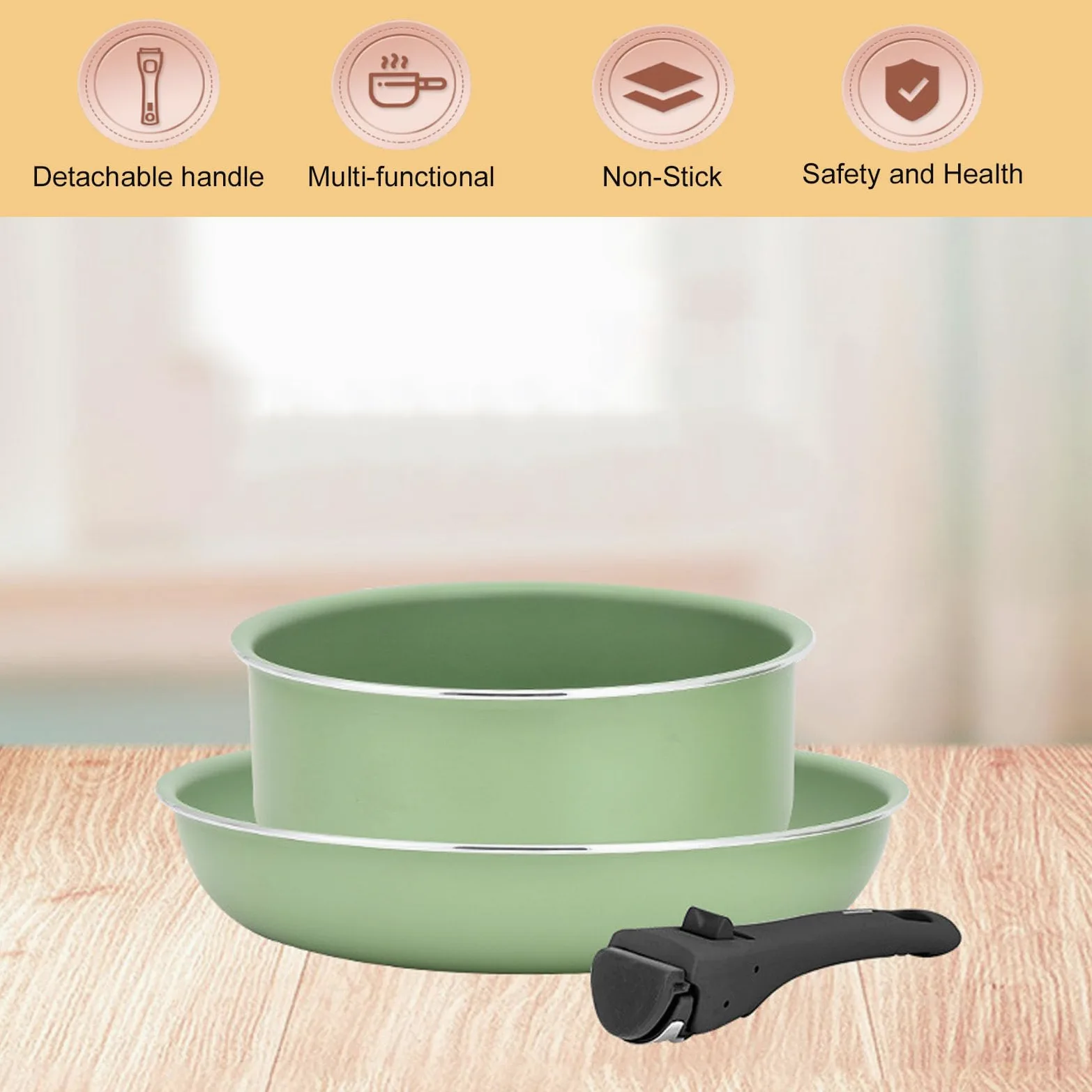 Set di pentole e padelle con manico staccabile, set di 3 pentole da cucina antiaderenti per tutti i fornelli, set di pentole impilabili per campeggio, lavabili in lavastoviglie, verde