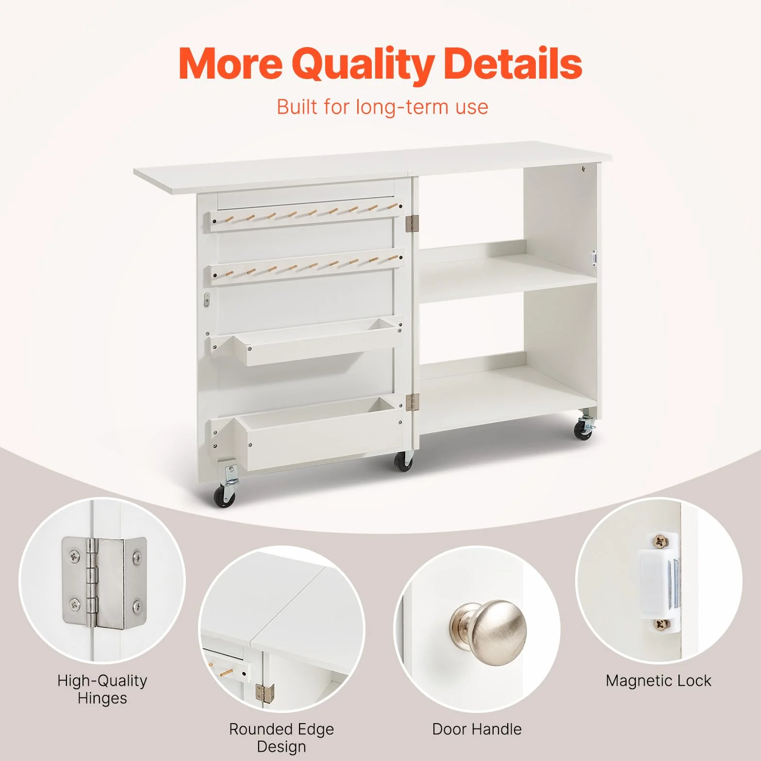 VEVOR Tavolo da Cucito Pieghevole, Tavolo Multiuso per Macchina da Cucire Compatto a Rotelle, Mobiletto da Cucito Ripiani Portaoggetti, Pioli in Legno Ante Magnetiche, Carico max. 40 kg, Bianco