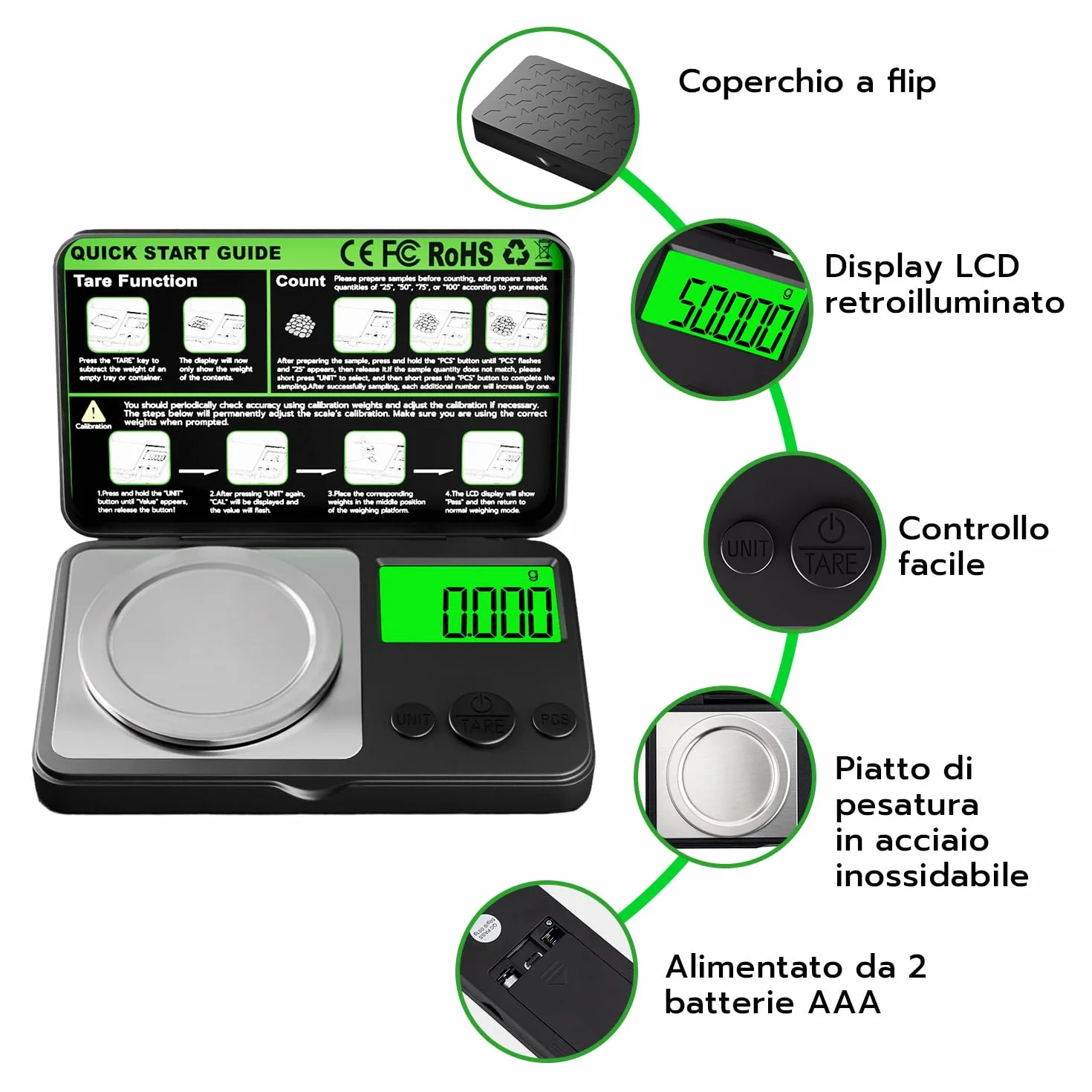 Wigearss 50g/0.001g Bilancia Milligrammi Alta Precisione, Bilancia Tascabile Digitale con Peso di Calibrazione, Pinzette, Vassoio e Misurino