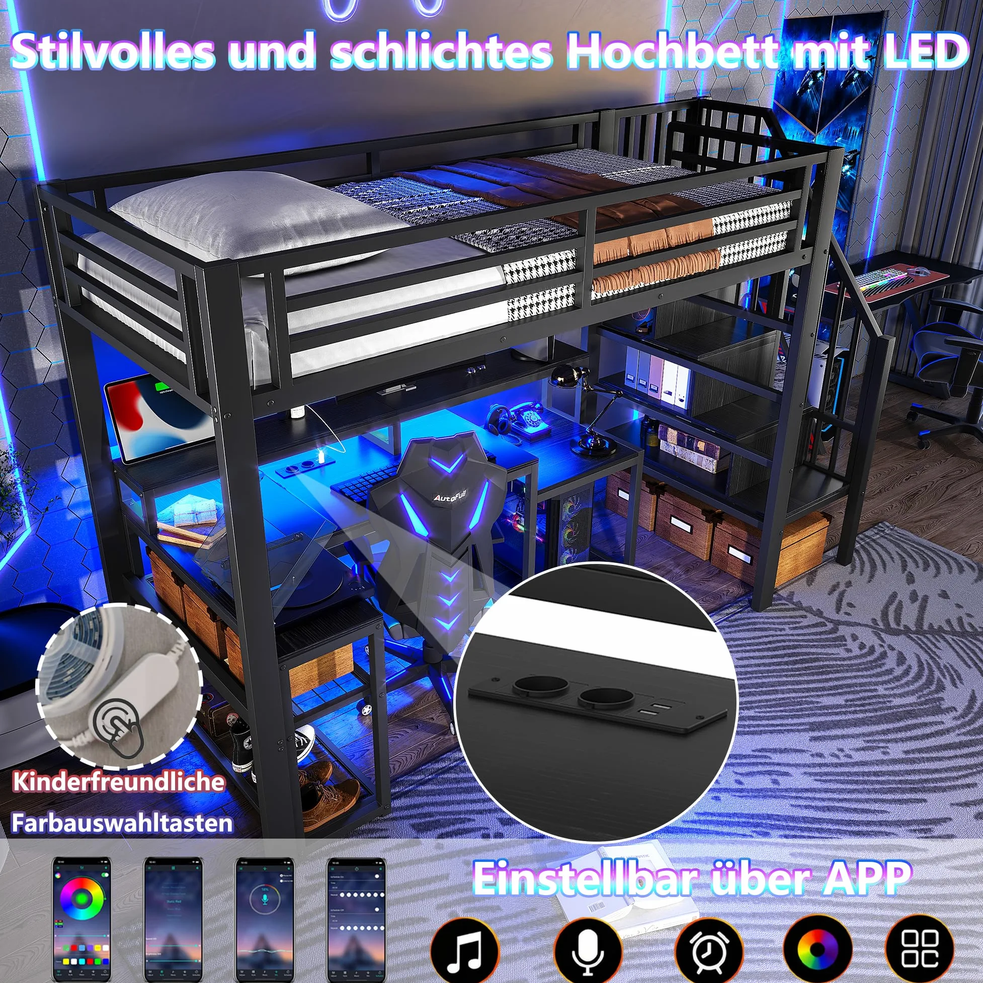 Lubvtti Letto a soppalco in ferro 90 x 200 con luminosa a LED,scrivania,porta USB,vano contenitore,scala con spazio contenitore,letto a castello per bambini,struttura letto per bambini,Nero