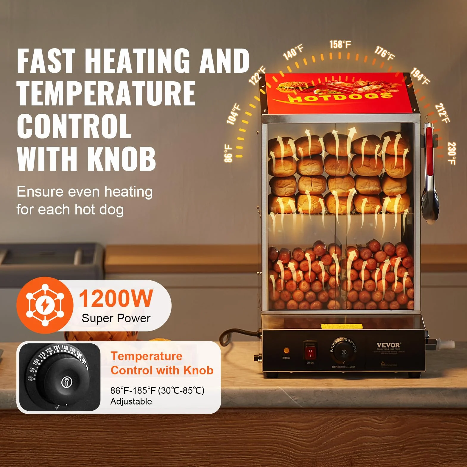 VEVOR Macchine per Hot Dog a Vapore 37L da 2 Ripiani, Controllo Temperatura 30℃~85℃, Macchina Scalda Panini Elettrico con Porte Scorrevoli in Vetro Temperato Piastra Divisoria per Hot Dog Panini
