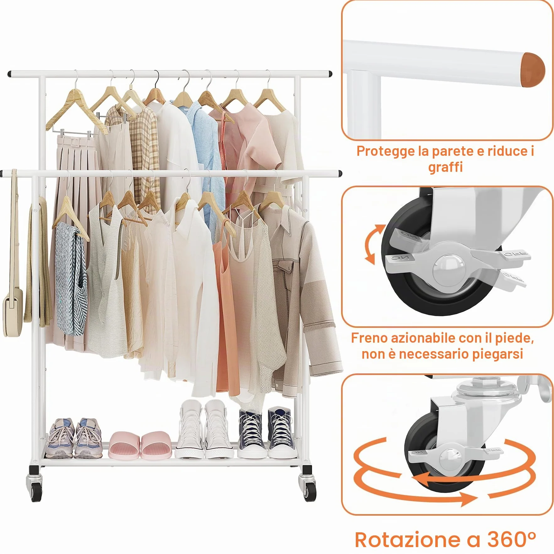 Calmootey Appendiabiti a doppia asta, appendiabiti portatile per camera da letto, soggiorno, negozio di abbigliamento, bianco