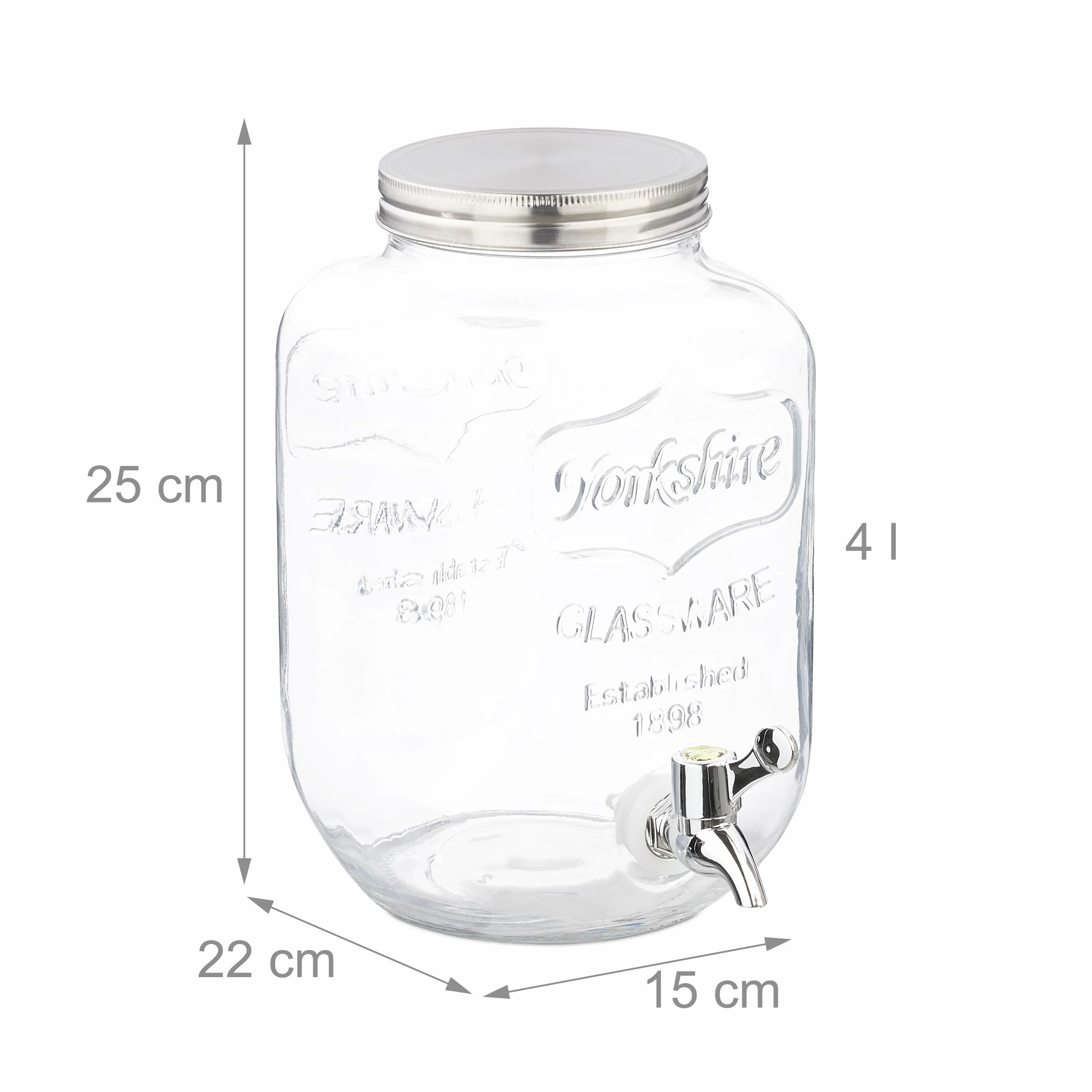 Relaxdays 4 L Dispenser in Vetro per Bevande con Rubinetto Acciaio Inox, Distributore Acqua e Bibite