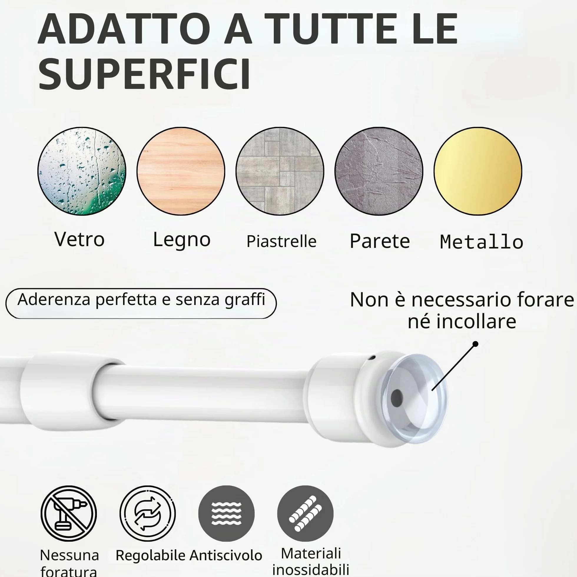 Bacchette per Tende Senza Forare 2 Pezzi Fissaggio a Pressione Diametro 7.6/10mm Bianco 30-45 cm