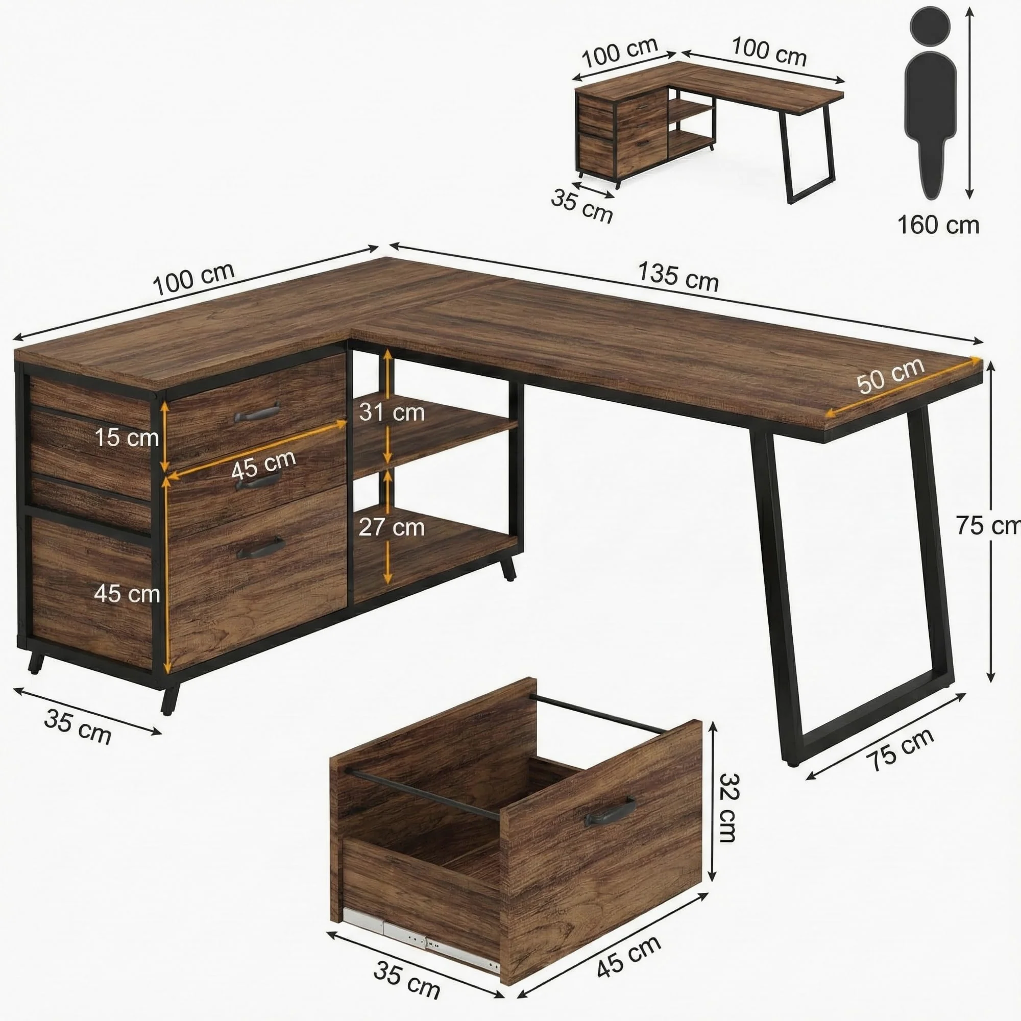 Lailang 134cm Scrivania, Tavolo Angolare, Scrivania Con Cassetti, Scrivania In Legno, Scrivania Studio Casa, Scrittoio Vintage, 134 x 50 x 74 cm, Marrone Rustico Nero