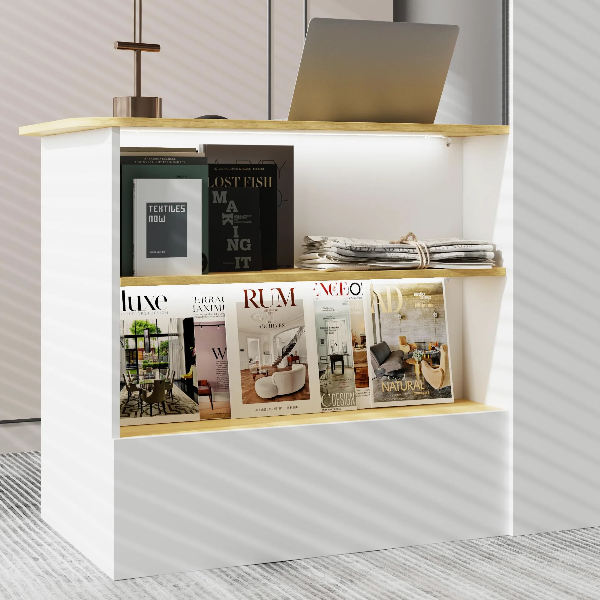 Banco reception, tavolo da reception, bancone con illuminazione a 3 colori, tavolo reception con 1 cassetto e 1 armadio, bancone con area espositiva aperta con 2 scomparti bianco + legno naturale