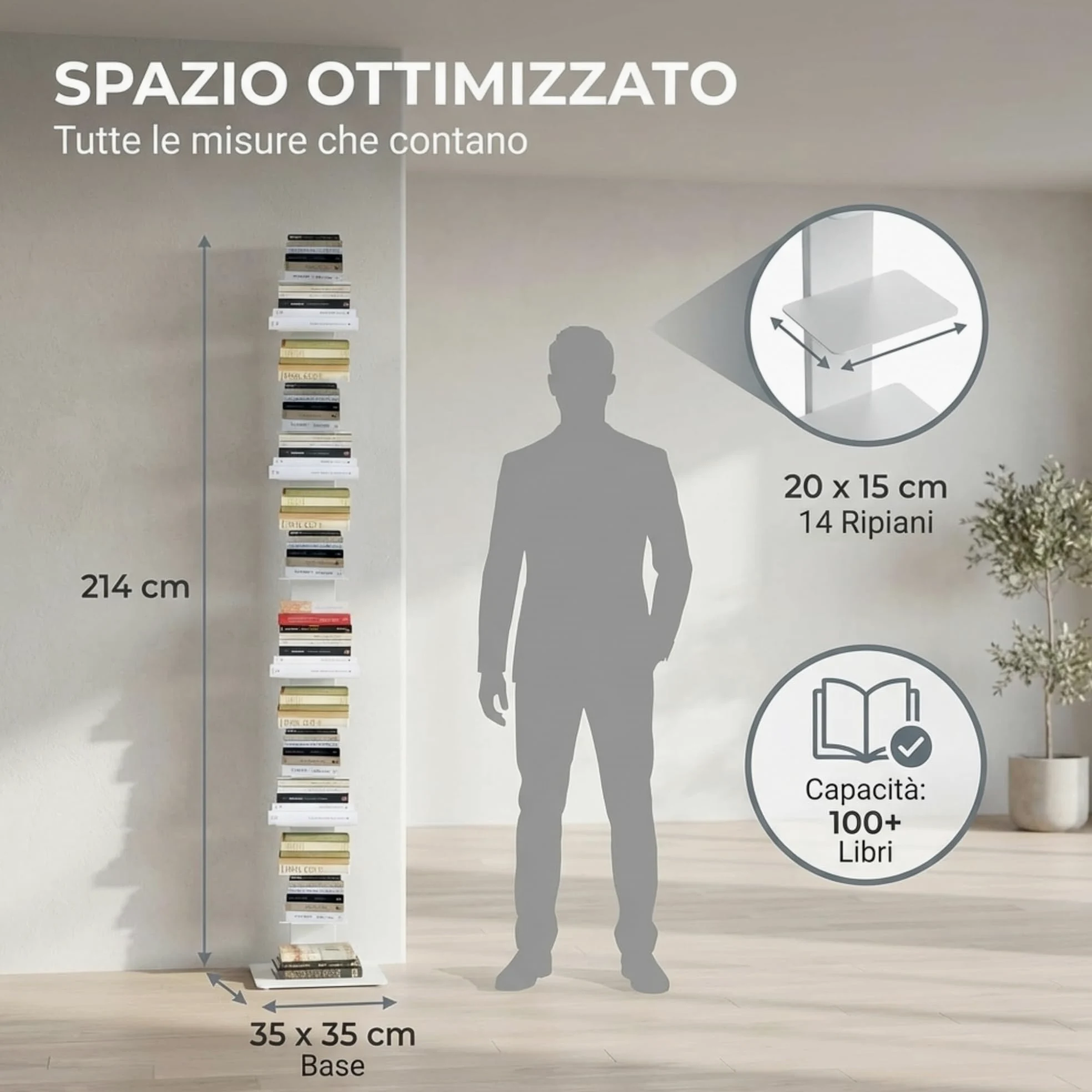 Flo.mar - Libreria a Colonna Bianca con 14 Ripiani 20x15cm - Libreria Verticale a Colonna da Terra con Base in Metallo 35x35 cm - Stretta e Alta 214 cm