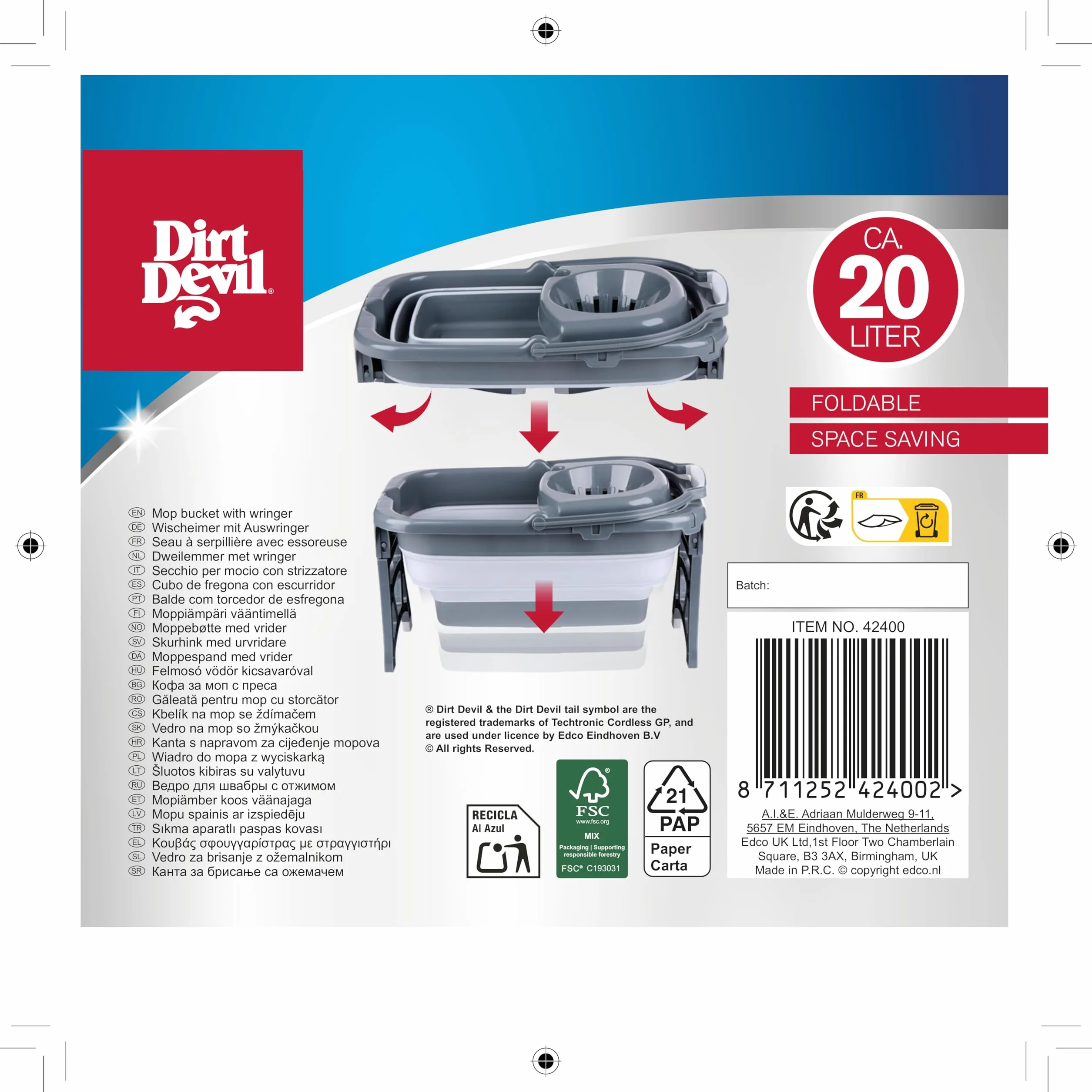 Dirt Devil Secchio pieghevole da 20 litri - Secchio Mop con strizzatore - Secchio per la pulizia dello spazio - Mopper portatile per pavimenti - Grigio Bianco