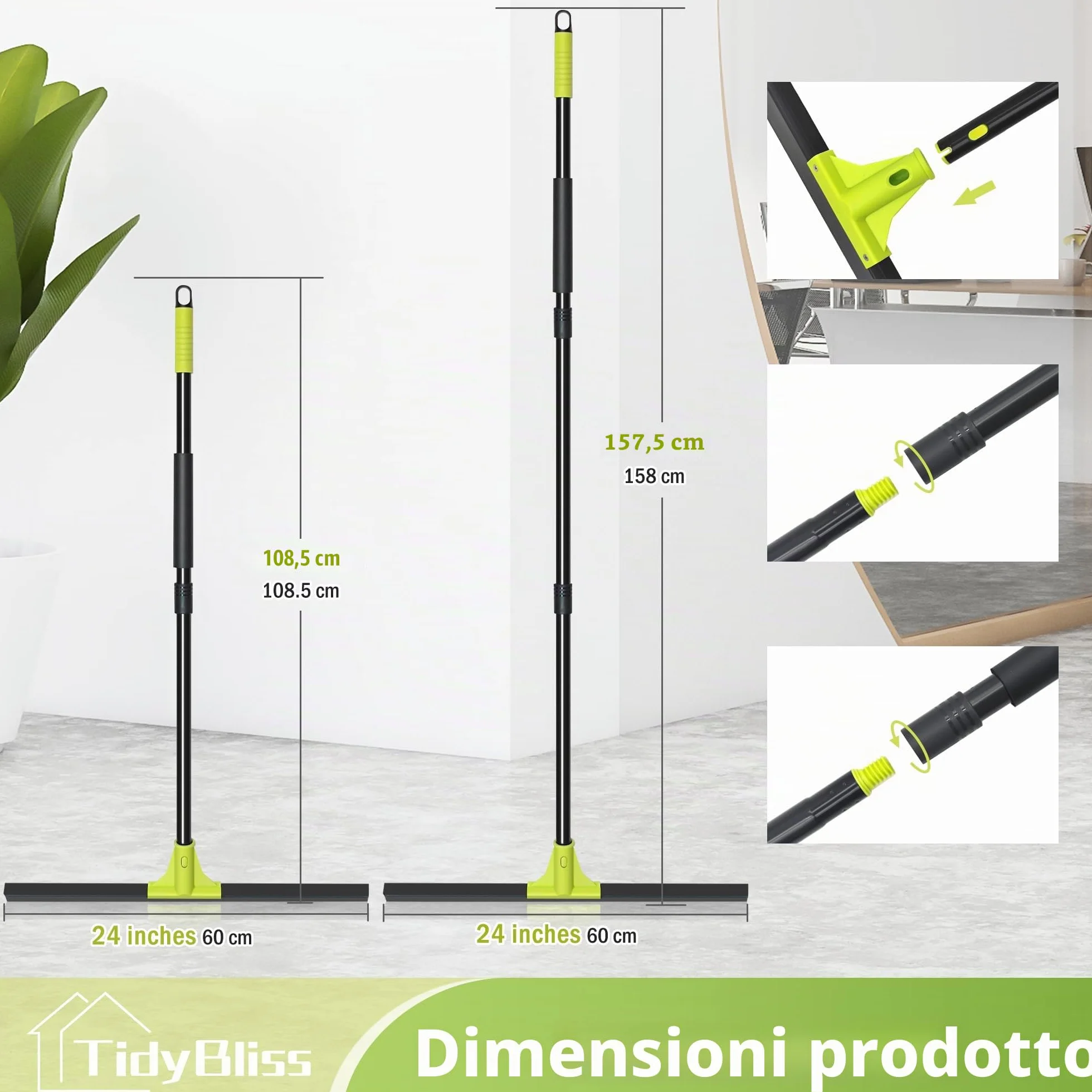 TidyBliss Tira Acqua Pavimenti da 60 cm, Tiraacqua Tergipavimento Spingiacqua Esterni Professionale con Manico Lungo 158 cm per la Pulizia Garage Calcestruzzo Bagno Piastrelle Marmo Doccia Finestra