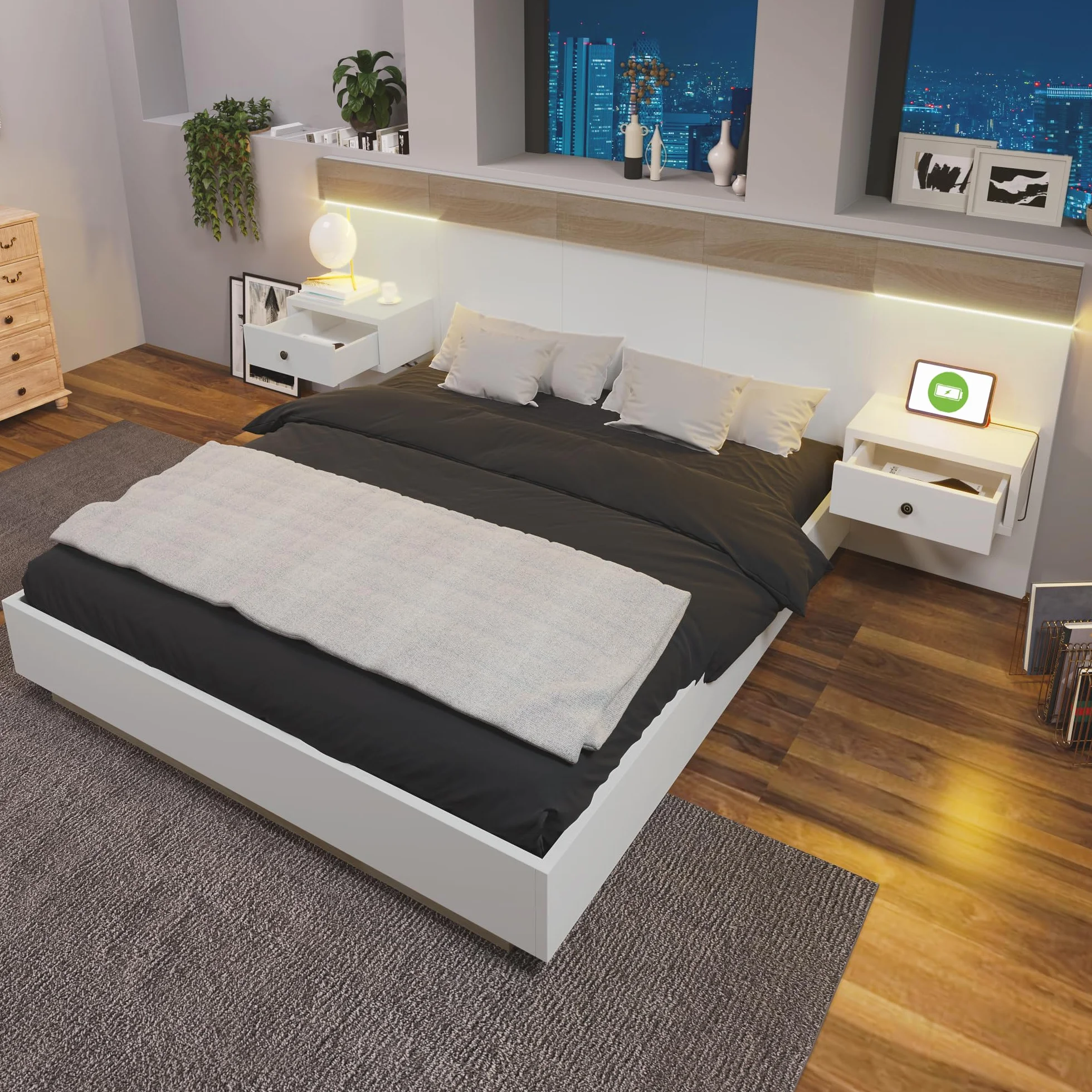 Sapgaks Letto 160 x 200 con doghe e testa,letto baule con 2 tavolini da notte a LED e presa USB, letto per 2 persone con stoccaggio, cornice doppia, set in rovere bianco (senza materasso)