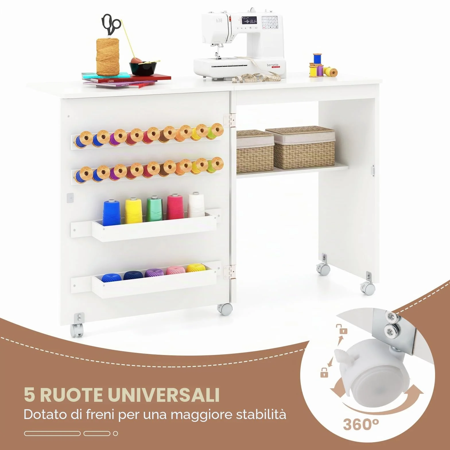 GIANTEX Tavolo Cucire con Ruote, Tavolino Cucito Pieghevole, Asse da Stiro Richiudibile, Mobile per Macchina da Cucire a Scomparsa, Allungabile a 3 Livelli, 58x40x78 cm, 2 Colori Disponibili