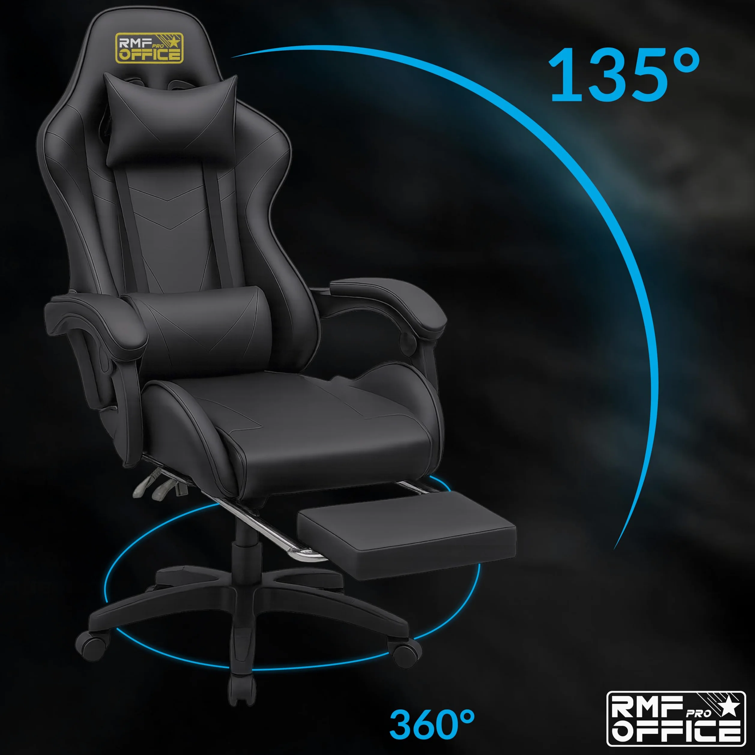 RMF Sedia Gaming Professionale Ergonomica Reclinabile, Poltrona Gaming Seduta Comoda e Rilassante con Poggiapiedi - Sedia per Gamer con Ruote Girevoli, Altezza Regolabile Nero