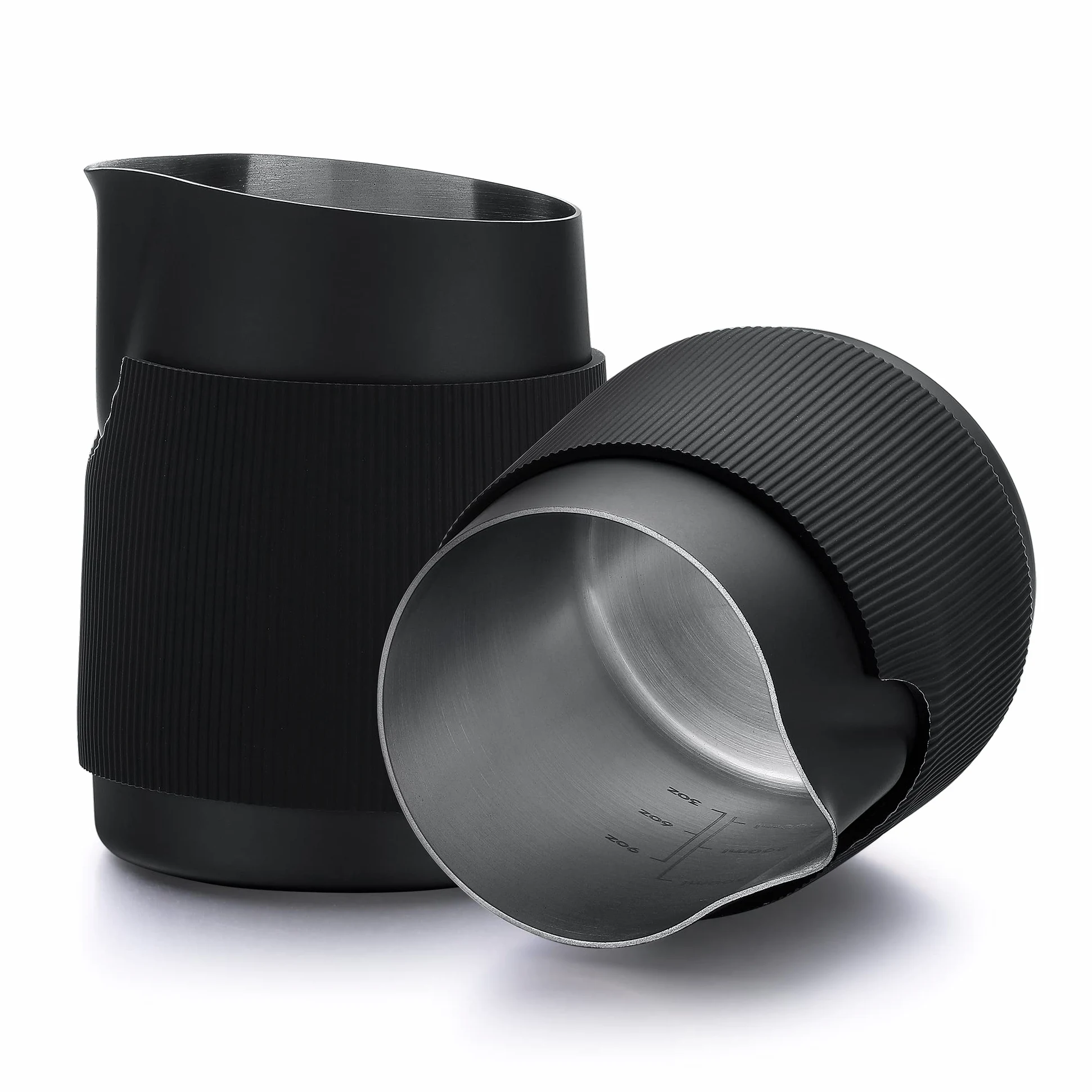 Normcore Brocca per latte senza manici, brocca per caffè espresso a vapore con beccuccio rotondo, brocca schiumalatte in acciaio inox 18/8, nero antiaderente, strumenti da barista premium, nero, 450