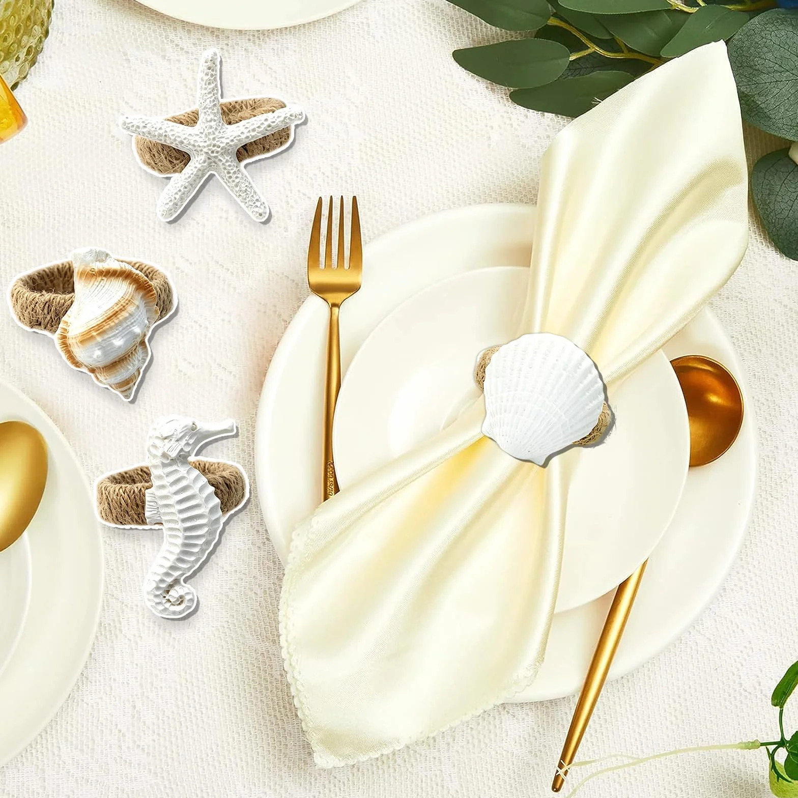 Set di 4 Portatovaglioli A Tema Oceano, Rustico In Stile Costiero Anelli Portatovaglioli In Juta, Stella Marina, Cavalluccio Marino, Conchiglia, Buccino per Cene, Feste, Decorazione Da Tavolo