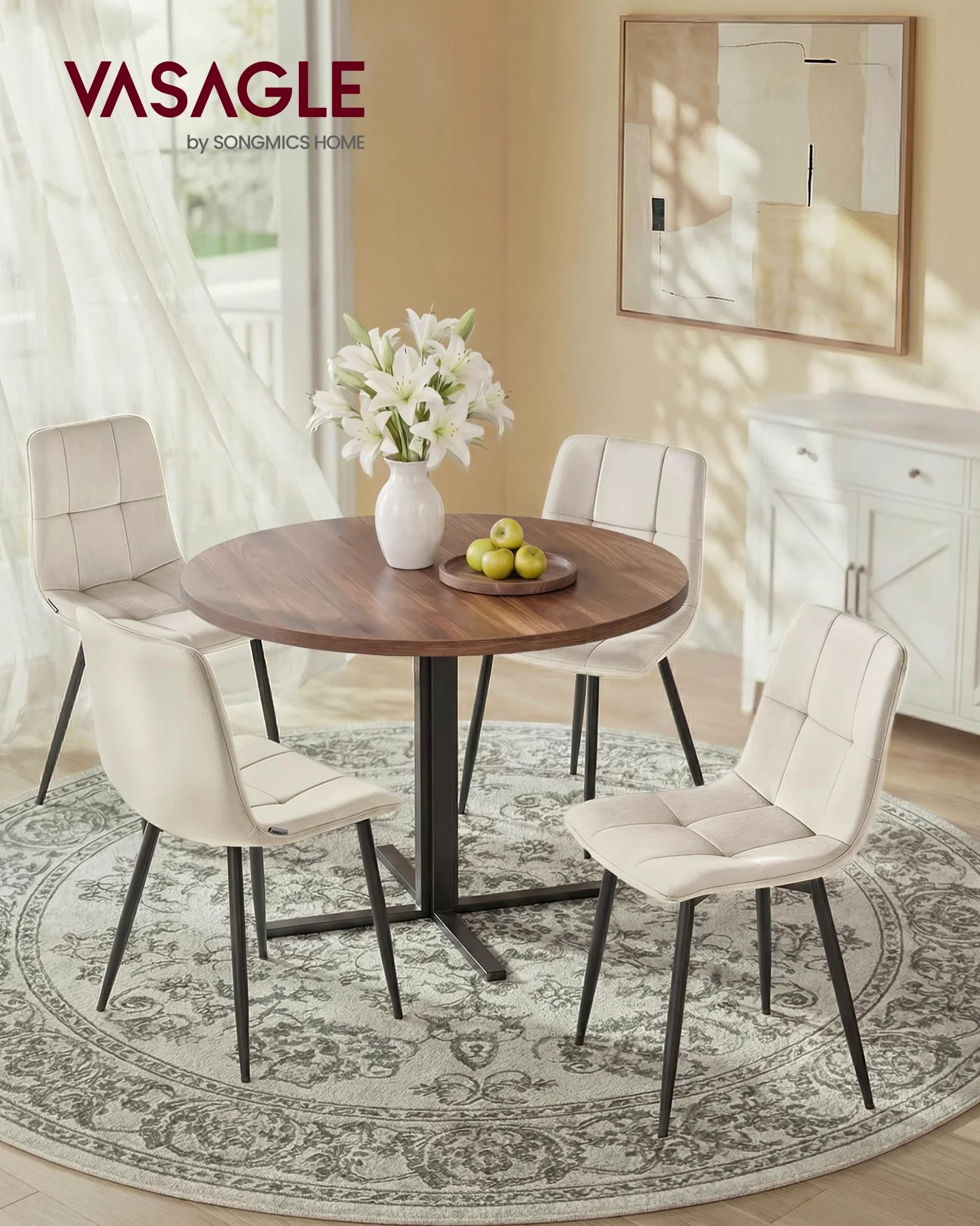 VASAGLE Sedie da Pranzo in Velluto, Portata 120 kg Ciascuna, Sedie da Cucina Imbottite con Piedini Regolabili, Moderno, per Soggiorno, Set di 4, Beige Cappuccino KDC080LH01