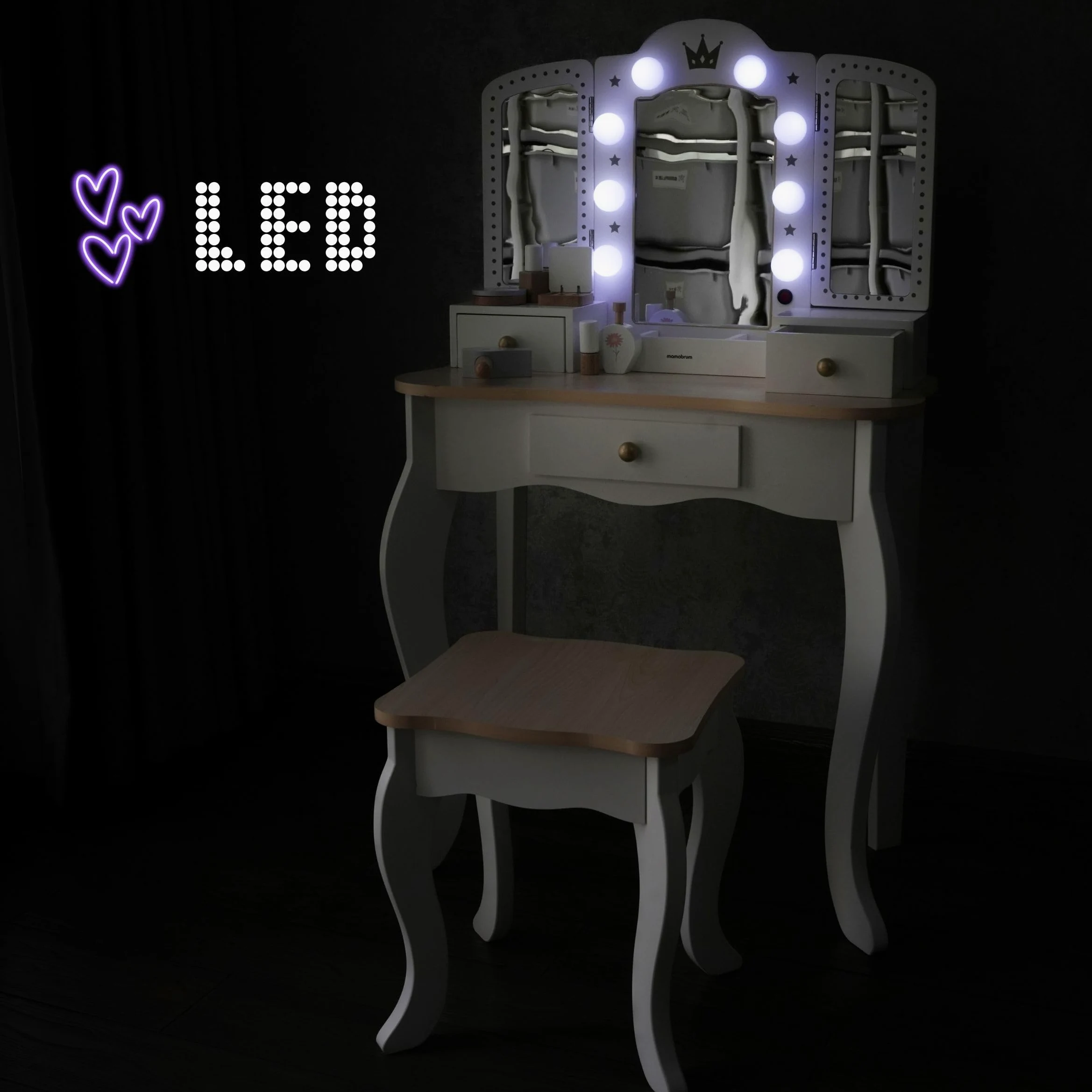 mamabrum Tavolo da Toeletta per Bambini XXL in Legno con Sgabello & Specchio LED – Coiffeuse con Cassetto e Accessori – Scrivania 2-in-1 per Bambine dai 3 Anni