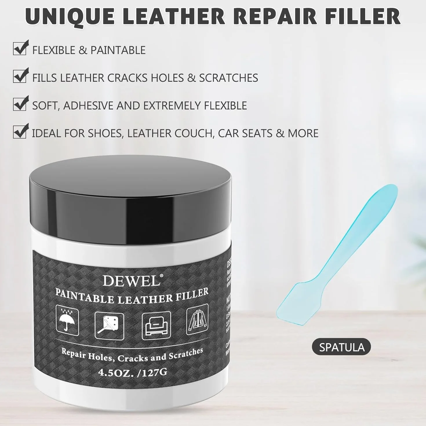 DEWEL Stucco per Pelle/Ecopelle, Ripara Pelle Divano, per Riempire Buchi, Graffi, Crepe e Strappi (Bianco, 100g)